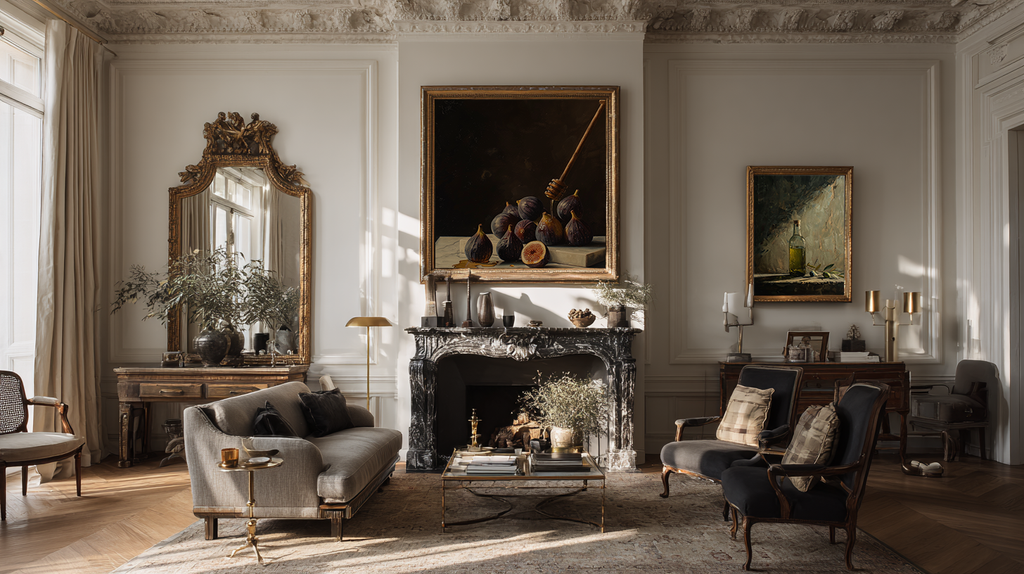 oil style still life painting of figs on marble with honey dripping from a wooden dipper, dark background and rich classical lighting