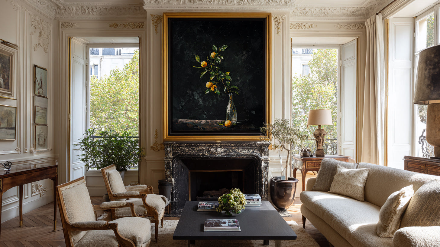 oil style still life painting of a lemon branch in a glass bottle on a dark background, classical textured artwork with vivid yellow citrus