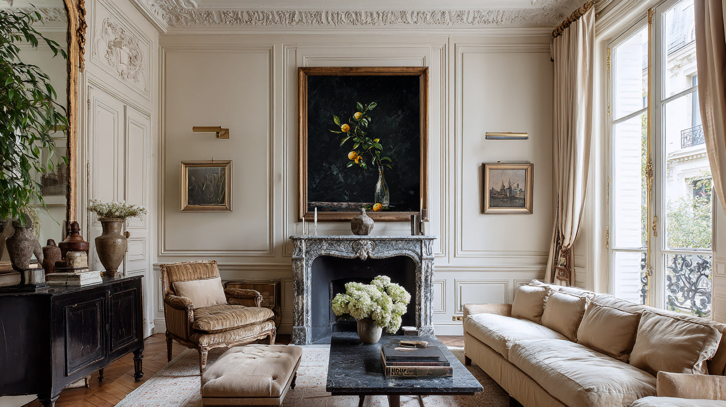 oil style still life painting of a lemon branch in a glass bottle on a dark background, classical textured artwork with vivid yellow citrus