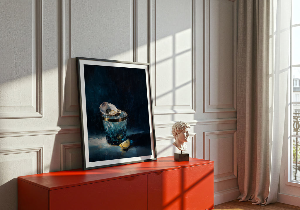 luxury still life oil painting of an oyster on ice in a blue cut glass vessel with lemon slice, dark moody background, elegant wall art
