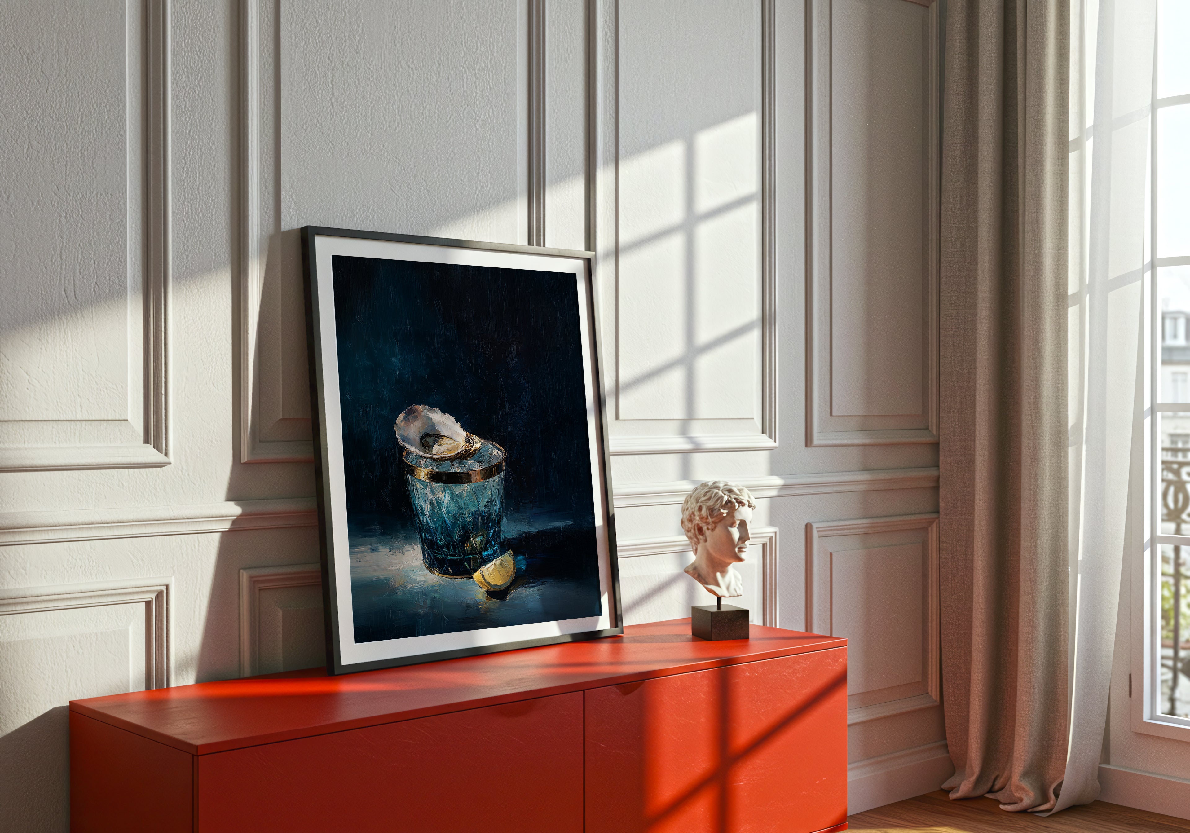 luxury still life oil painting of an oyster on ice in a blue cut glass vessel with lemon slice, dark moody background, elegant wall art
