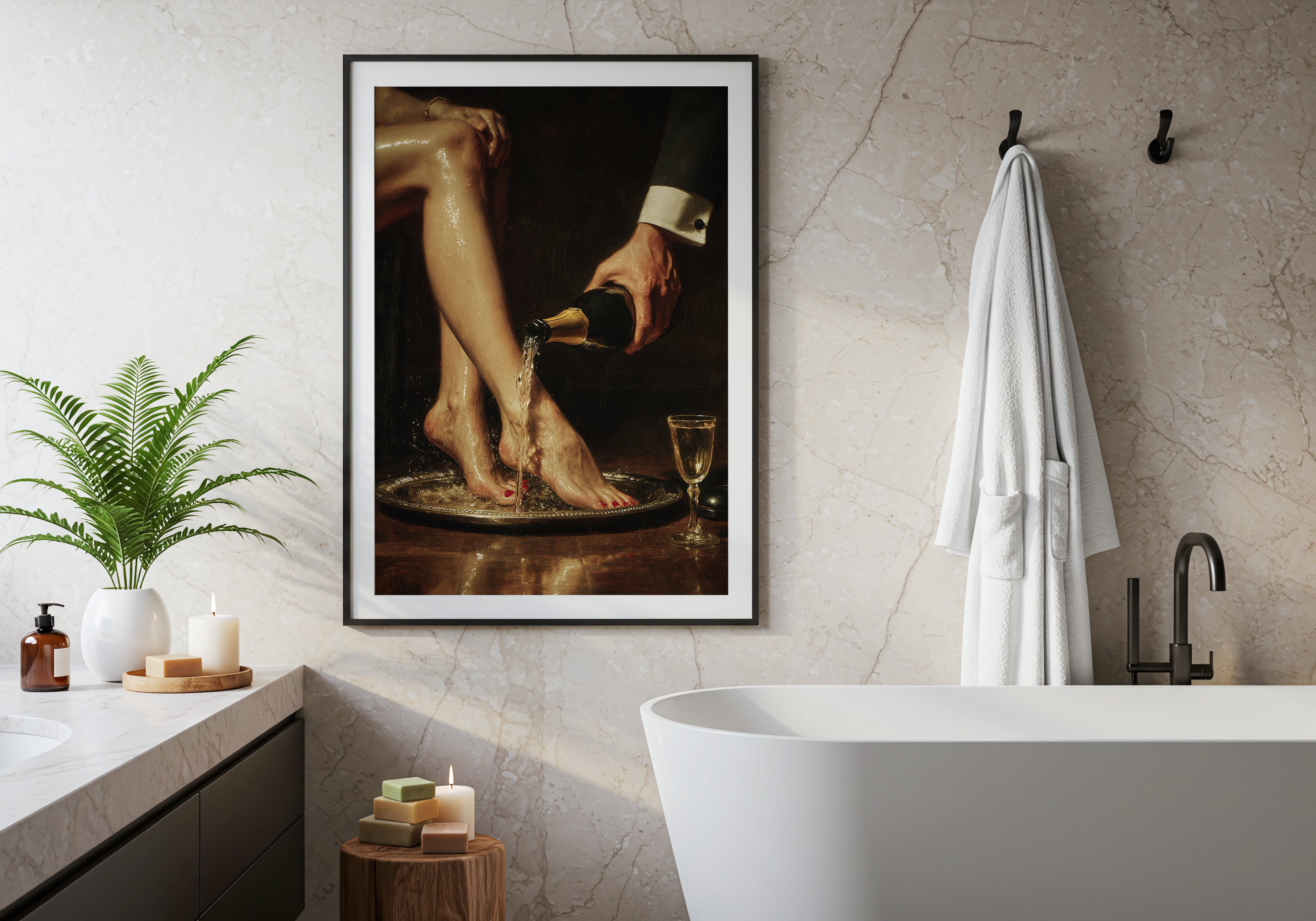 Bathroom interior with a framed painting of a person washing feet, a bath tub, and decorative items.