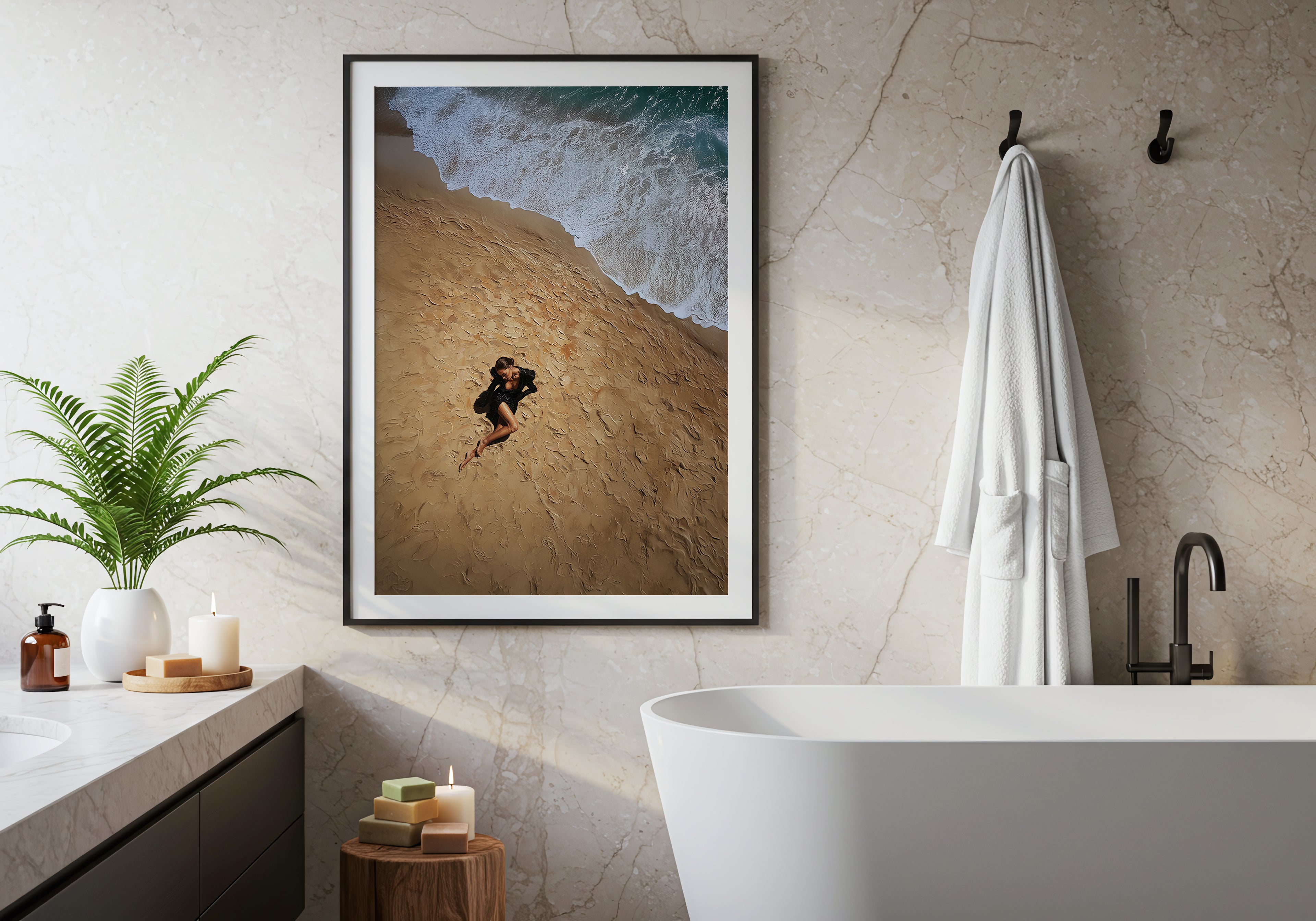 Bathroom interior with a framed beach scene, white bathtub, and decorative items.