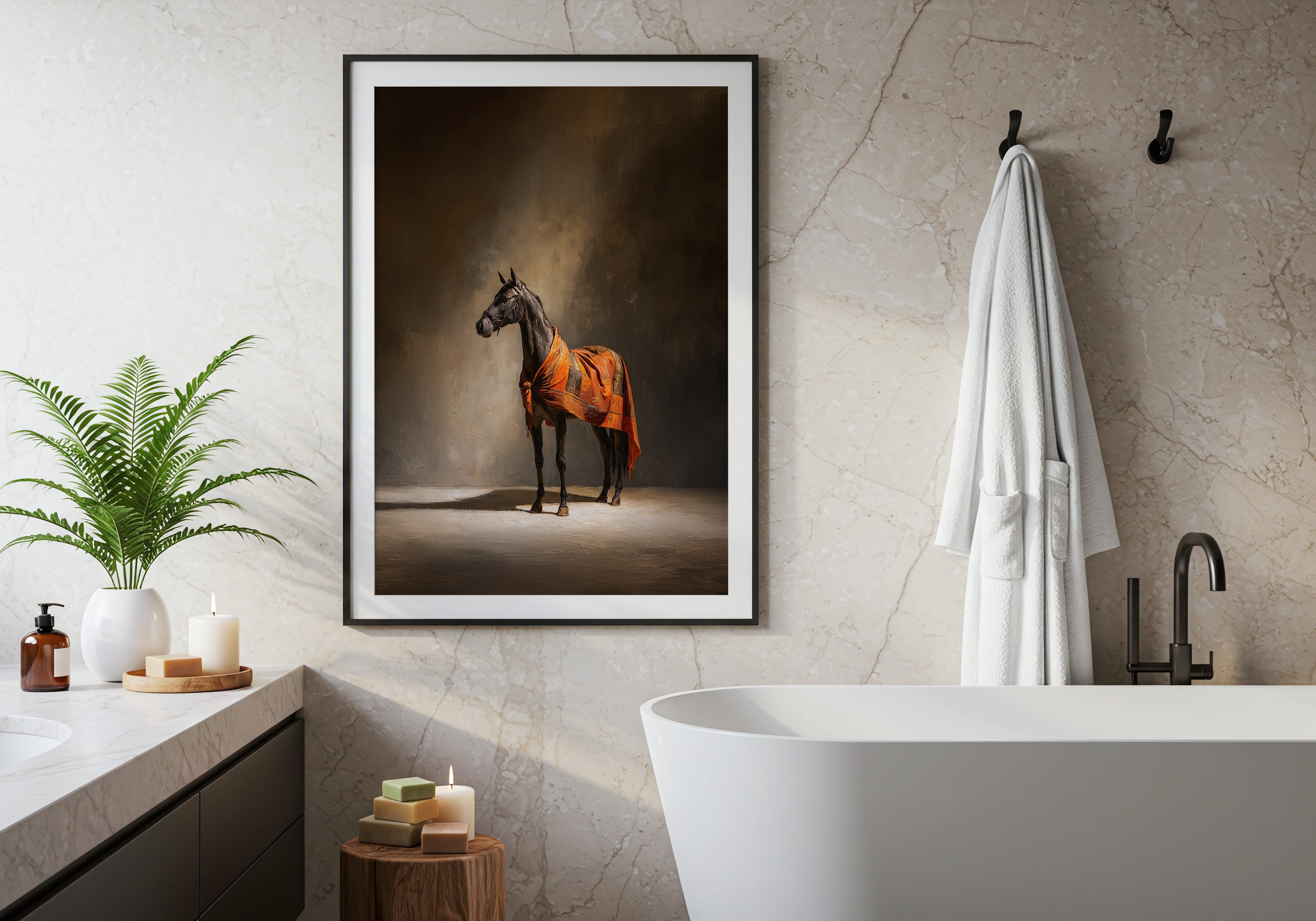 Bathroom interior with a framed picture of a horse on the wall, a bathtub, and decorative items.