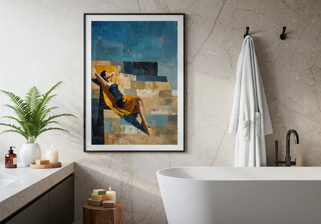 Bathroom interior with a bathtub, plant, and abstract art on the wall.