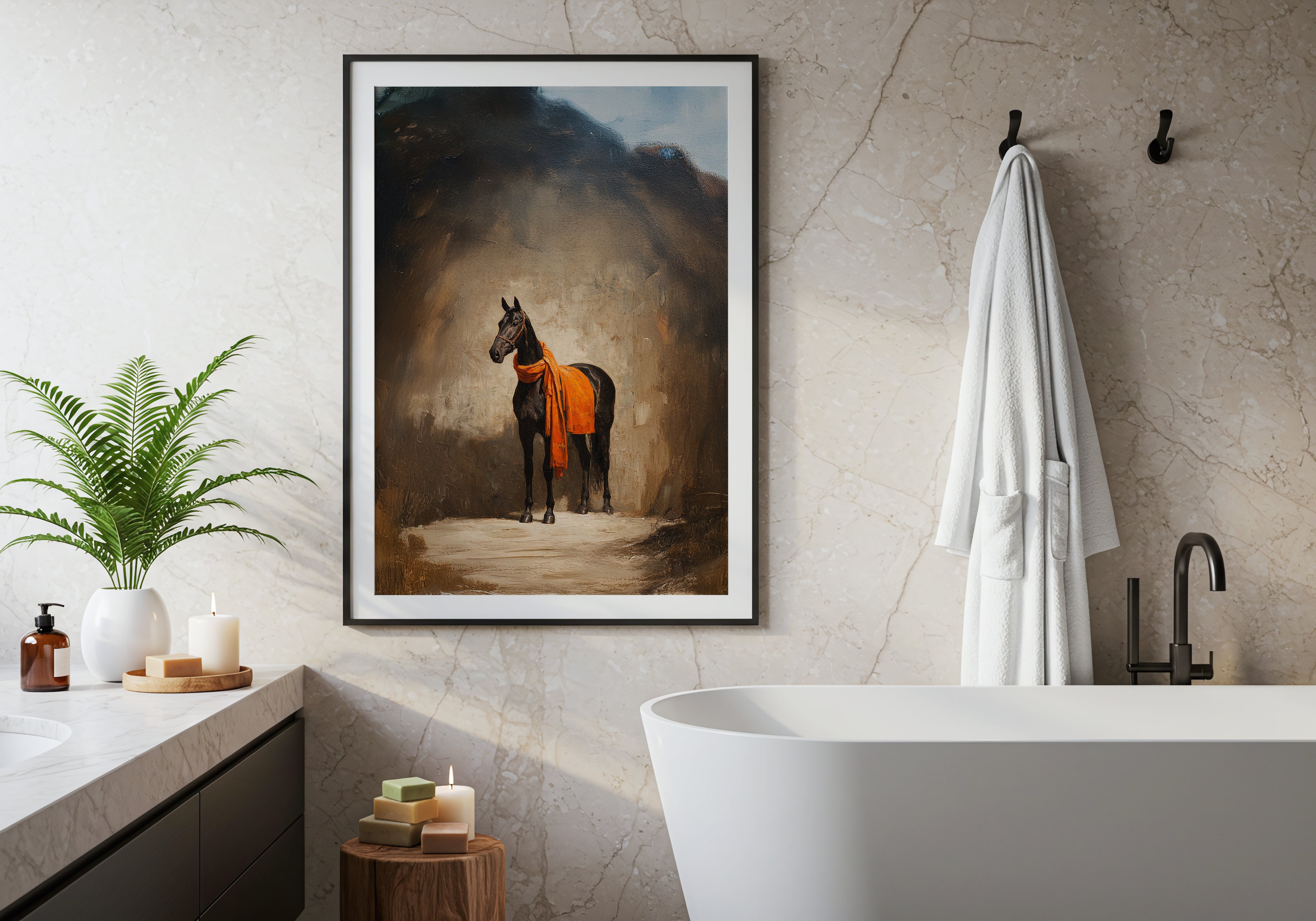 Bathroom interior with a framed painting of a horse, white bathtub, and decorative items.