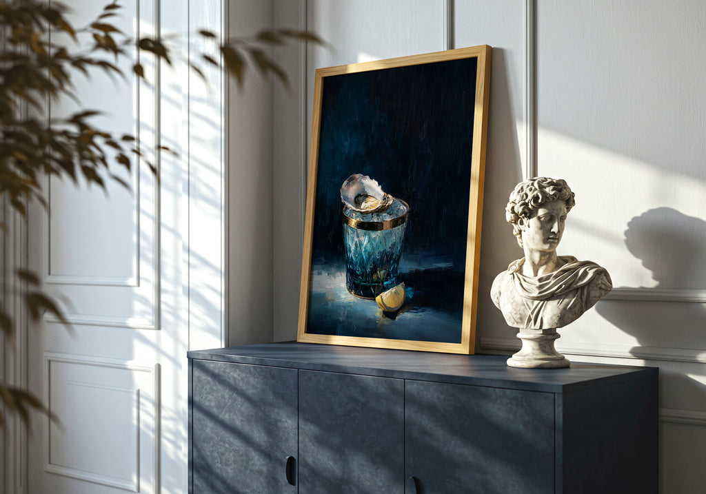 luxury still life oil painting of an oyster on ice in a blue cut glass vessel with lemon slice, dark moody background, elegant wall art
