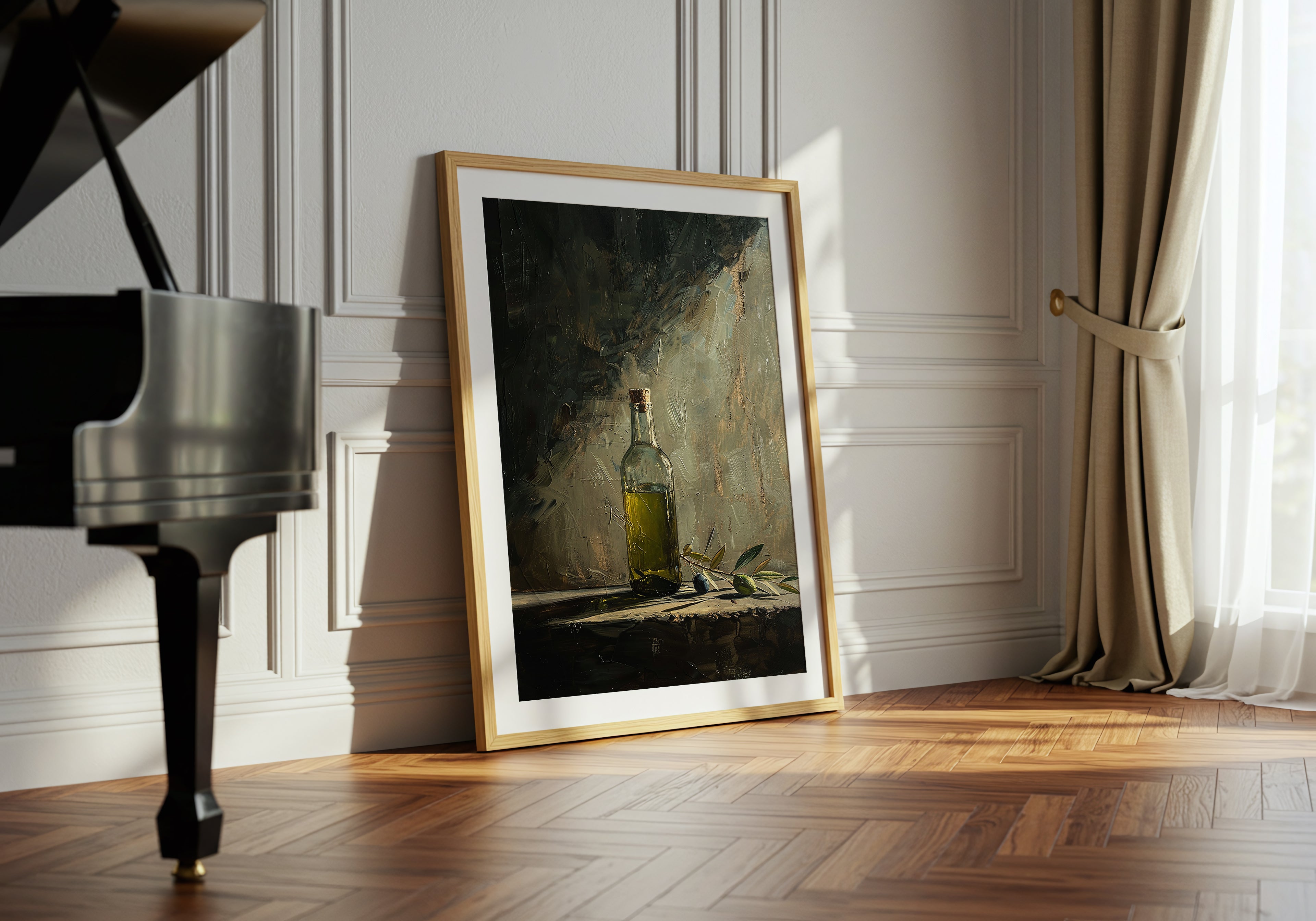 oil style still life painting of a bottle of olive oil with olives on a table, warm textured artwork in classical European style