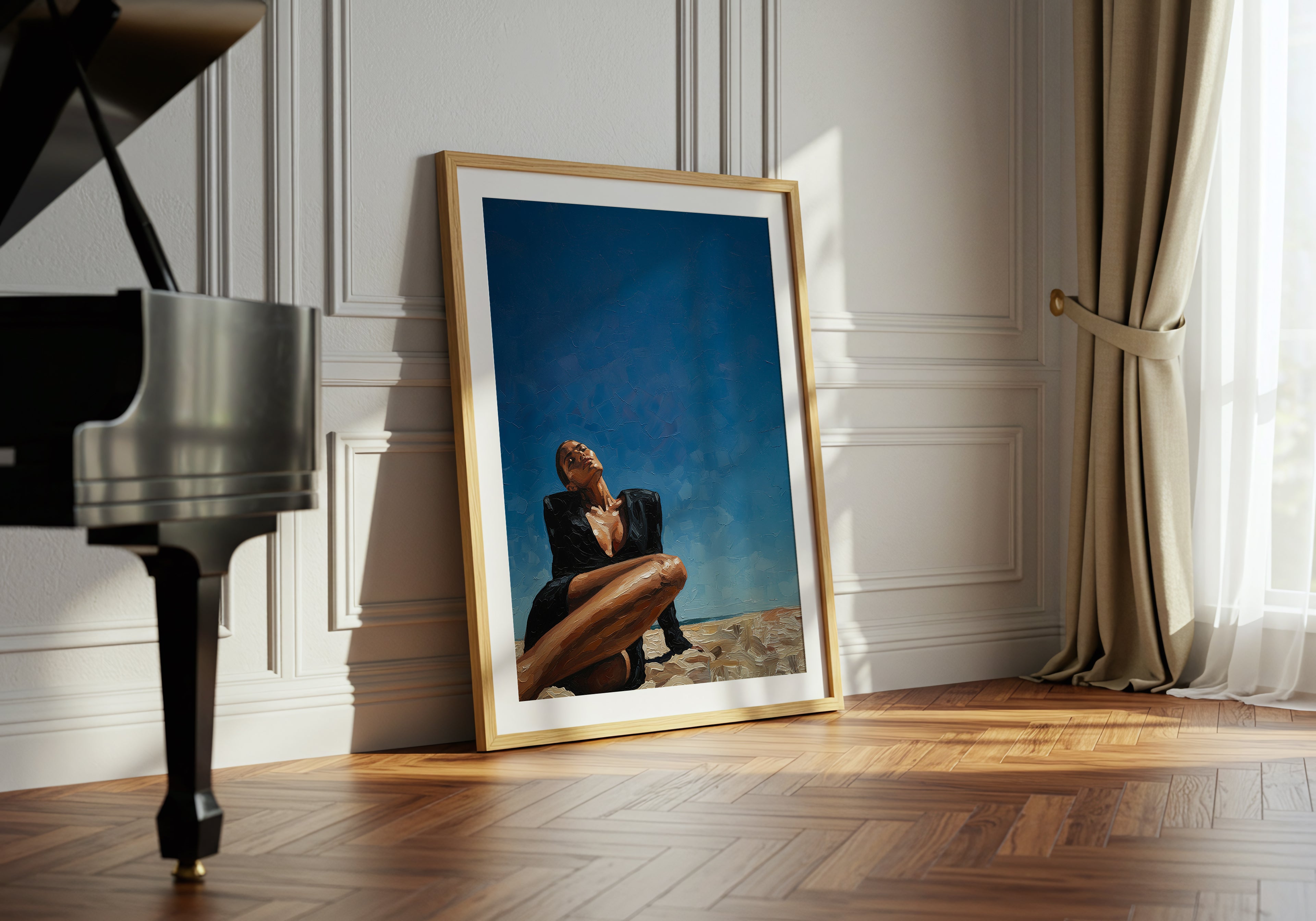 Framed artwork of a person sitting on a beach next to a grand piano in a room with white walls and curtains.