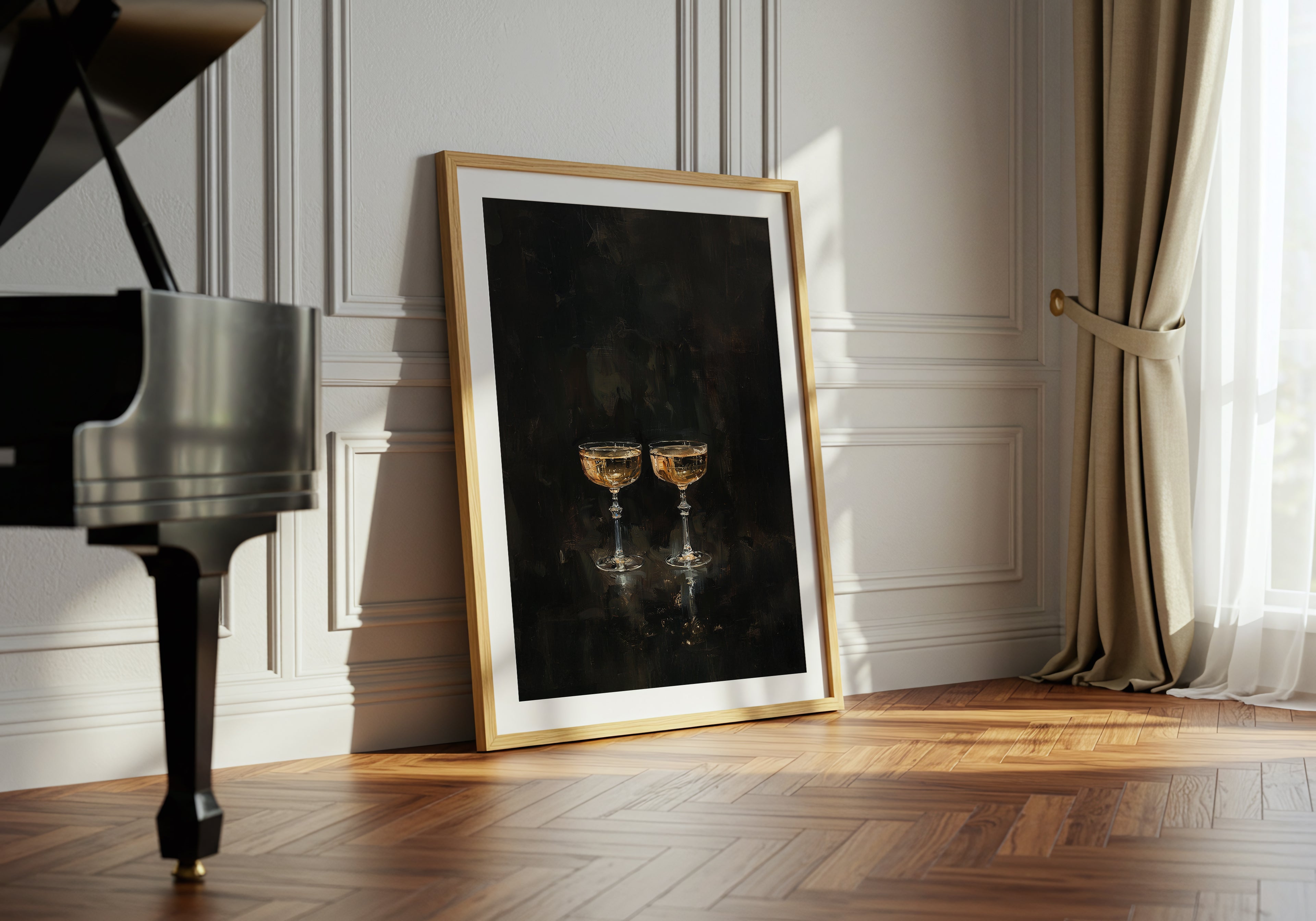 Framed artwork of two champagne glasses on a wall next to a grand piano.