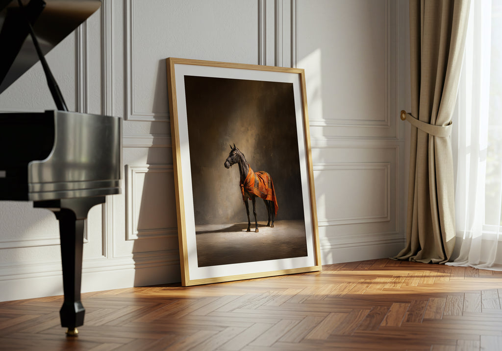 Framed artwork of a horse on a wall next to a grand piano