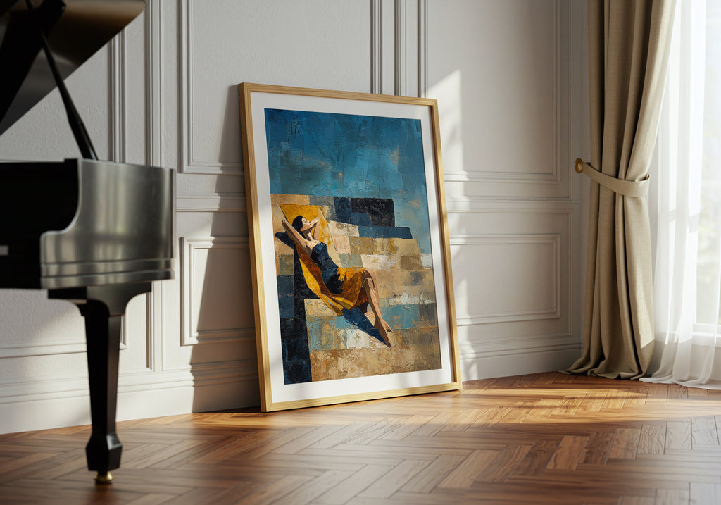 Framed abstract painting on a wall next to a grand piano in a room with white walls and wooden floor.
