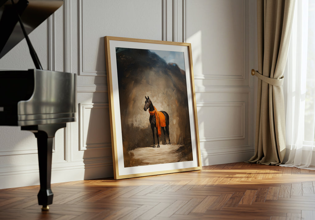 Framed artwork of a horse in an orange coat on a wall next to a grand piano.