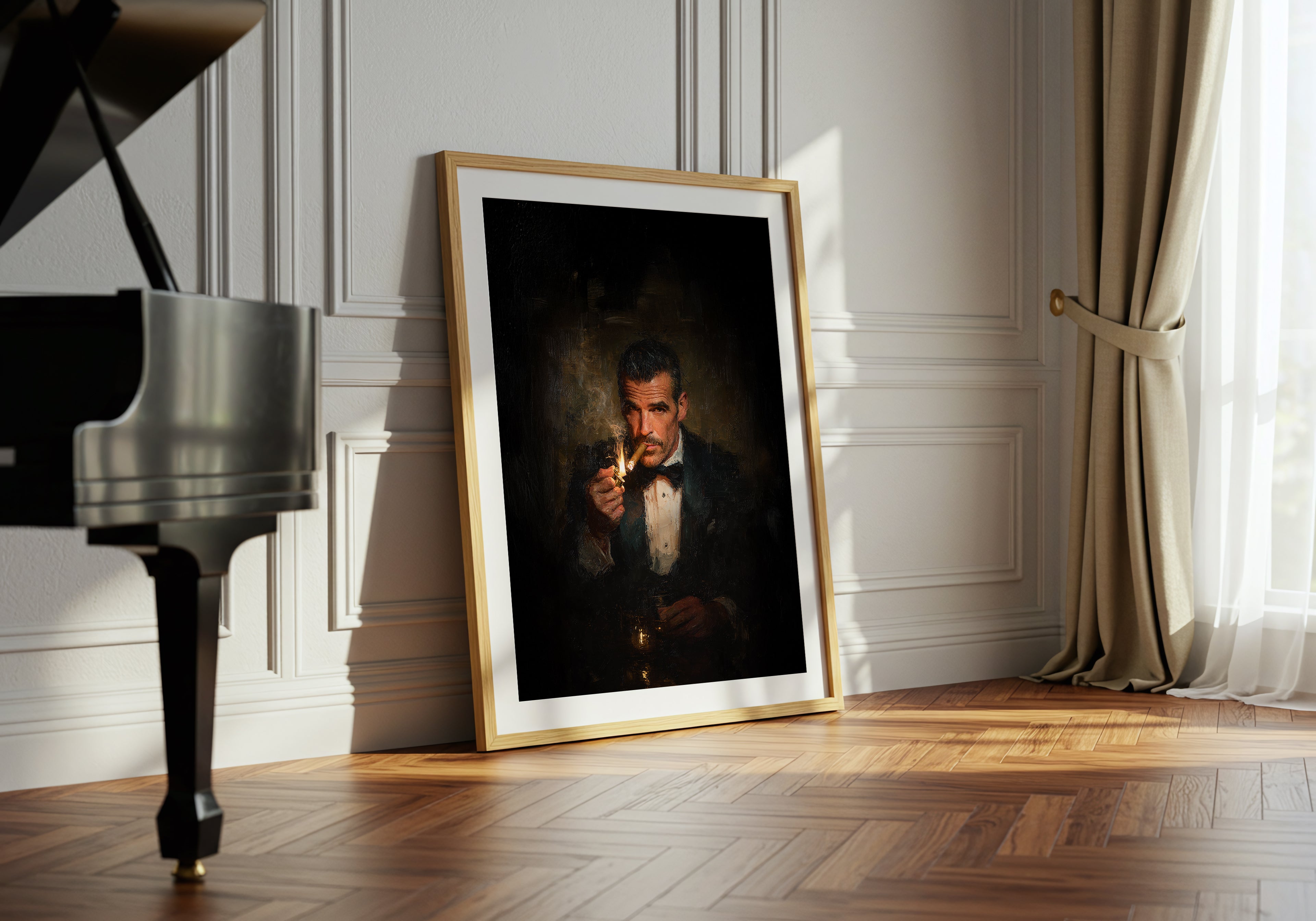 Framed portrait of a man in a room with a grand piano and curtains.