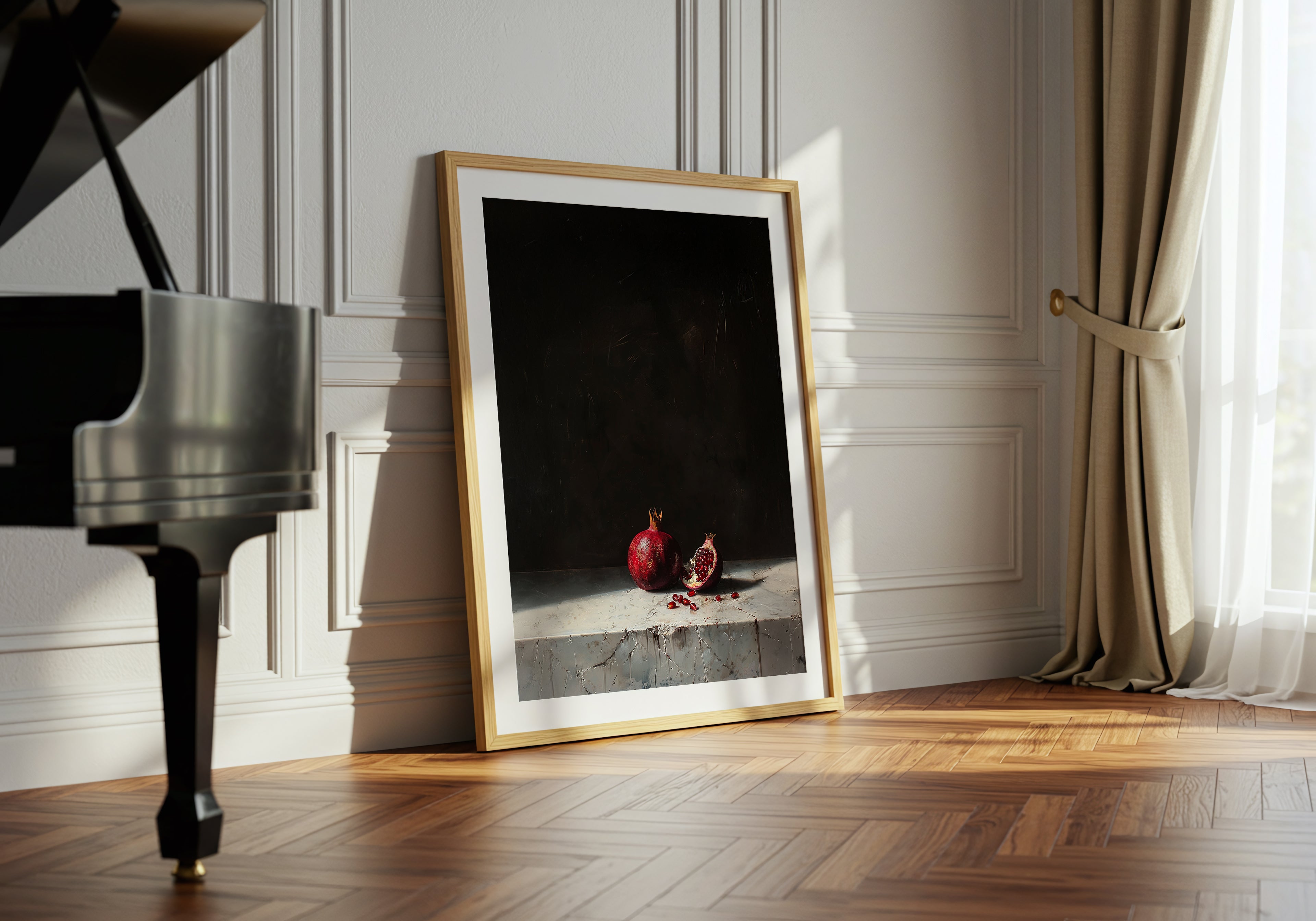 Framed artwork on a wall next to a grand piano in a room with light-colored walls and wooden flooring.
