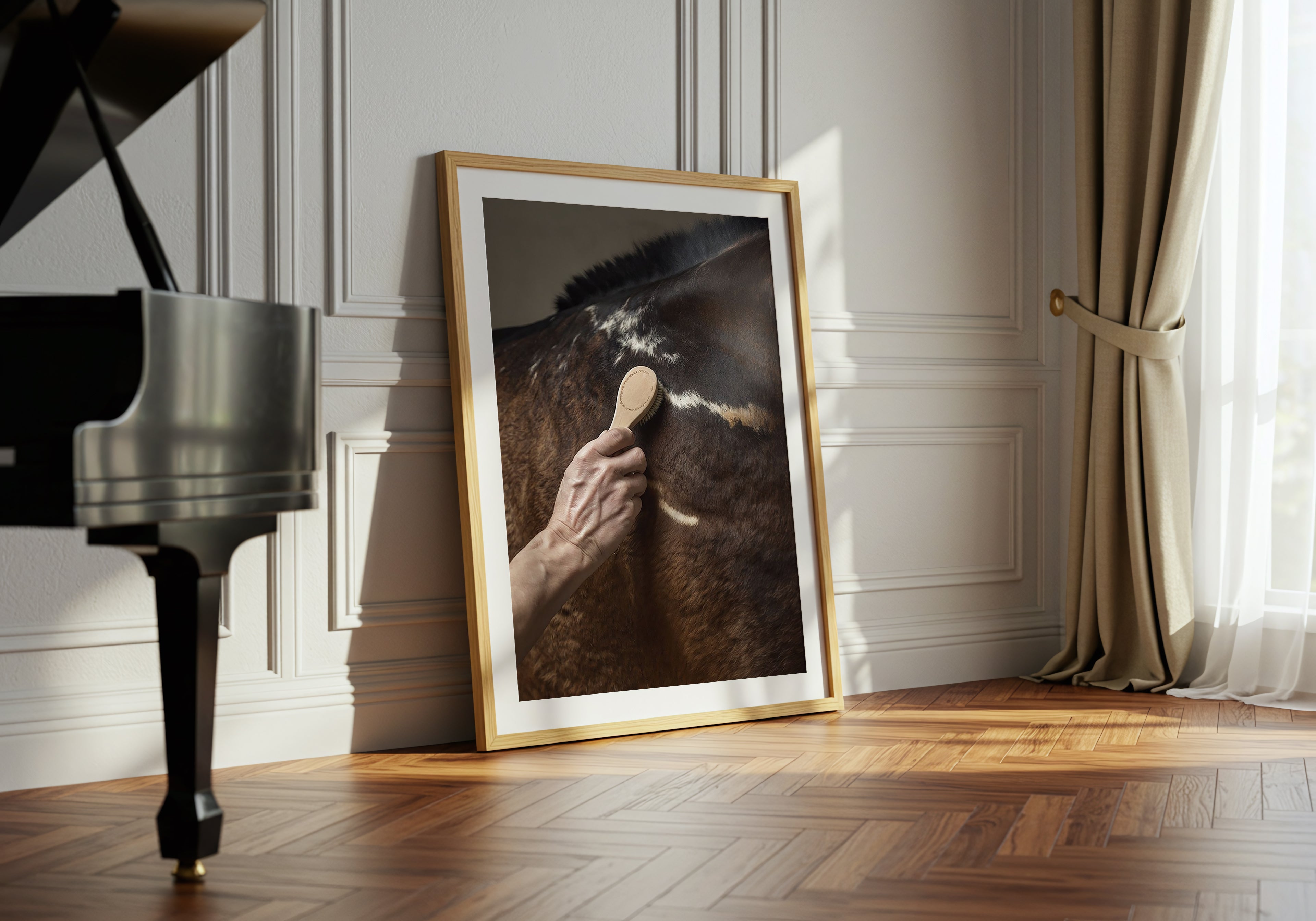 close up photograph of a horse’s shoulder being brushed by hand in soft studio lighting