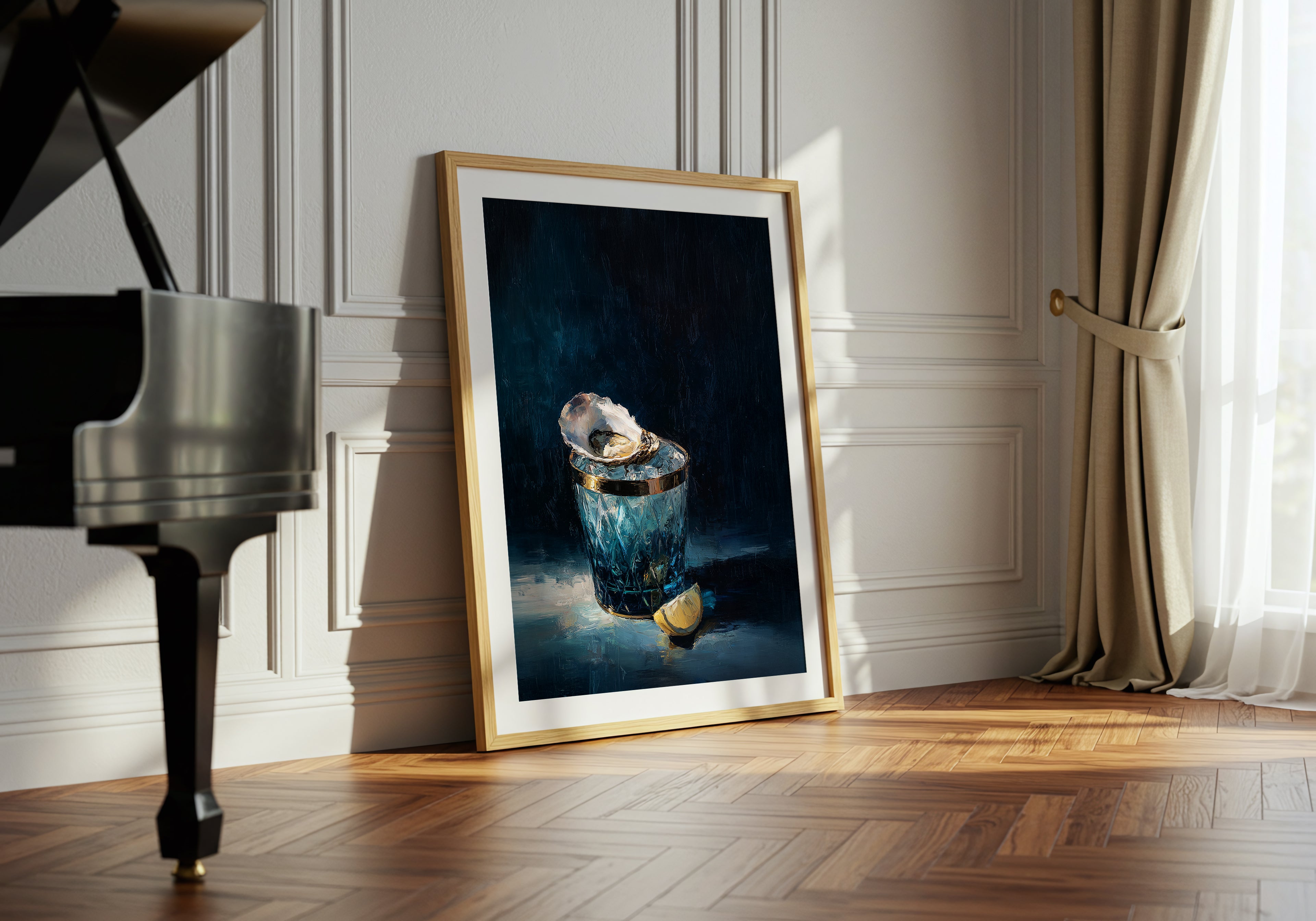 luxury still life oil painting of an oyster on ice in a blue cut glass vessel with lemon slice, dark moody background, elegant wall art
