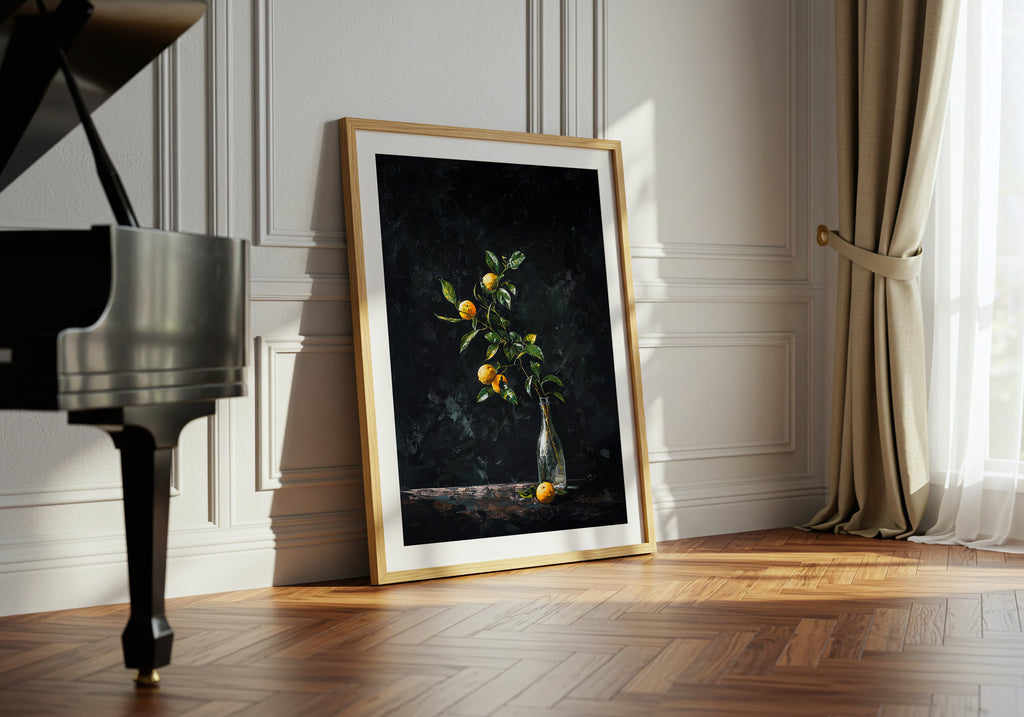 oil style still life painting of a lemon branch in a glass bottle on a dark background, classical textured artwork with vivid yellow citrus