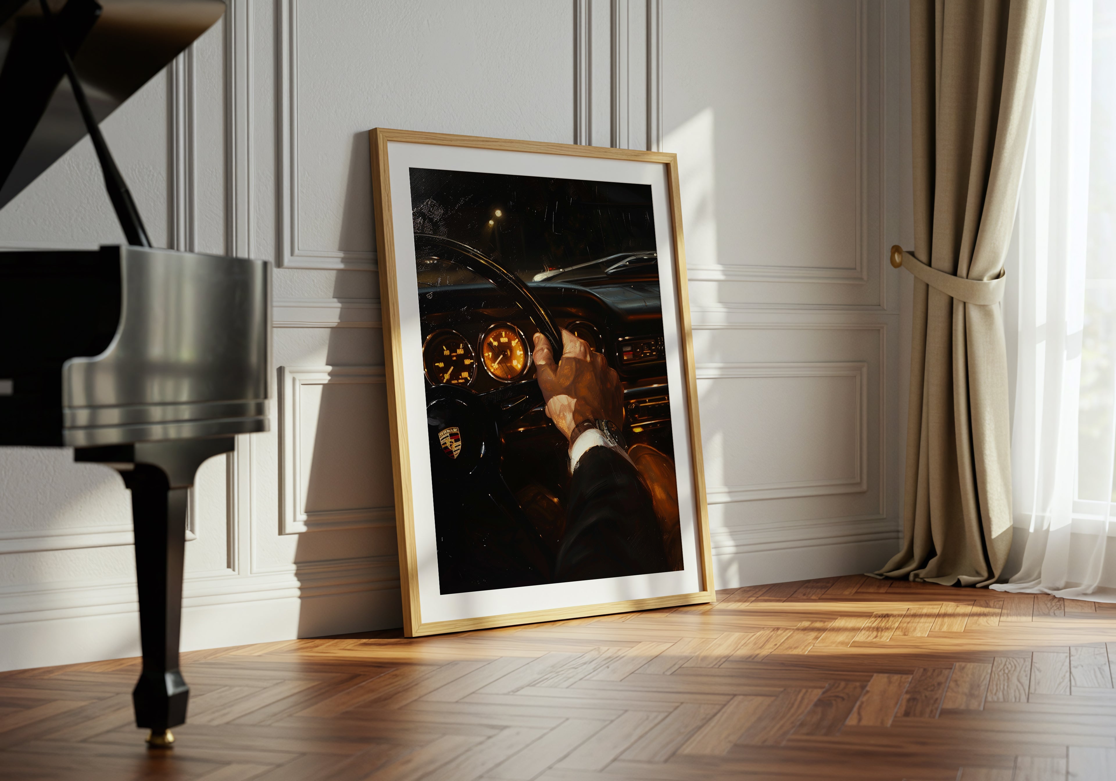 Framed artwork leaning against a wall next to a grand piano in a room with curtains.