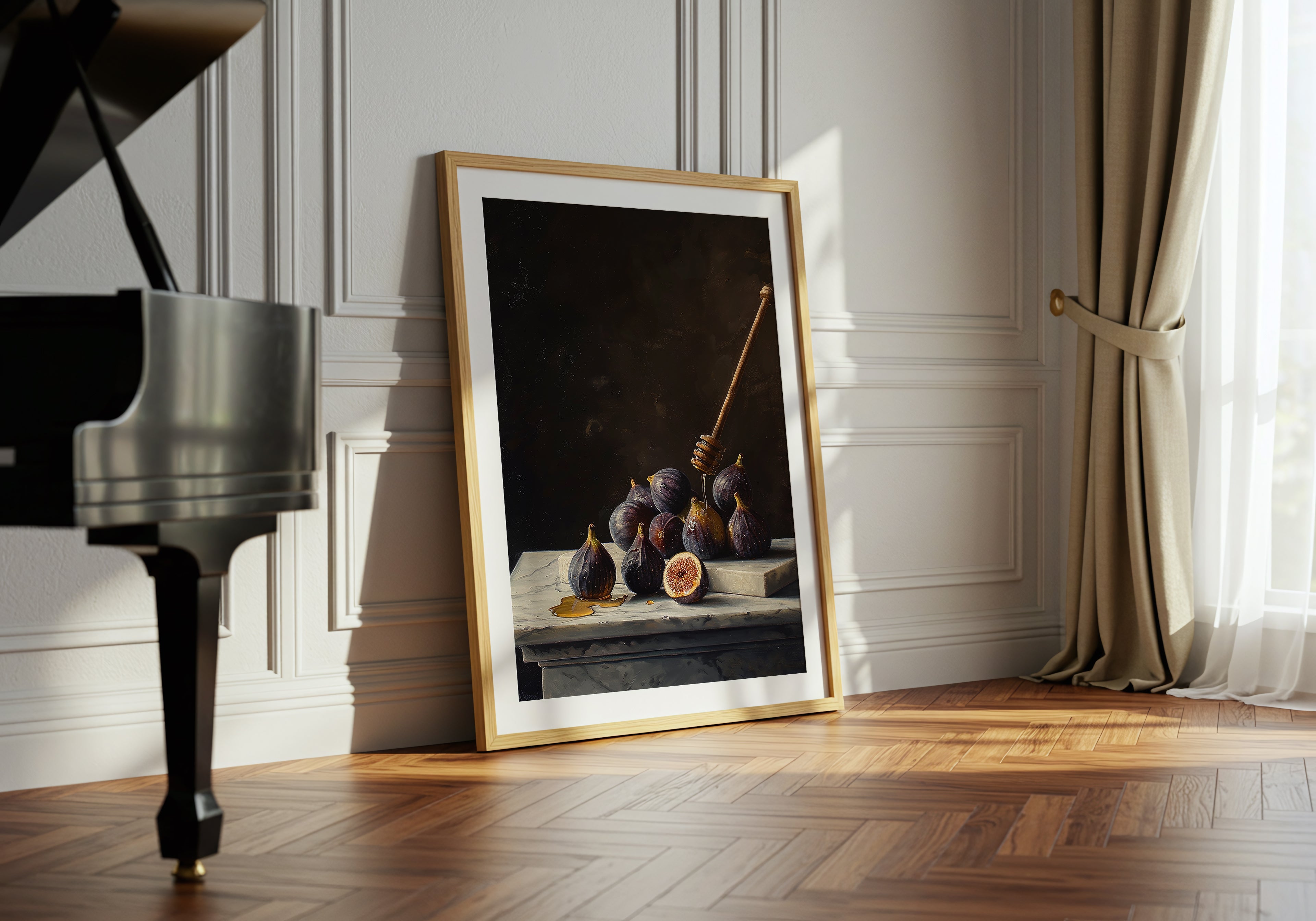 oil style still life painting of figs on marble with honey dripping from a wooden dipper, dark background and rich classical lighting