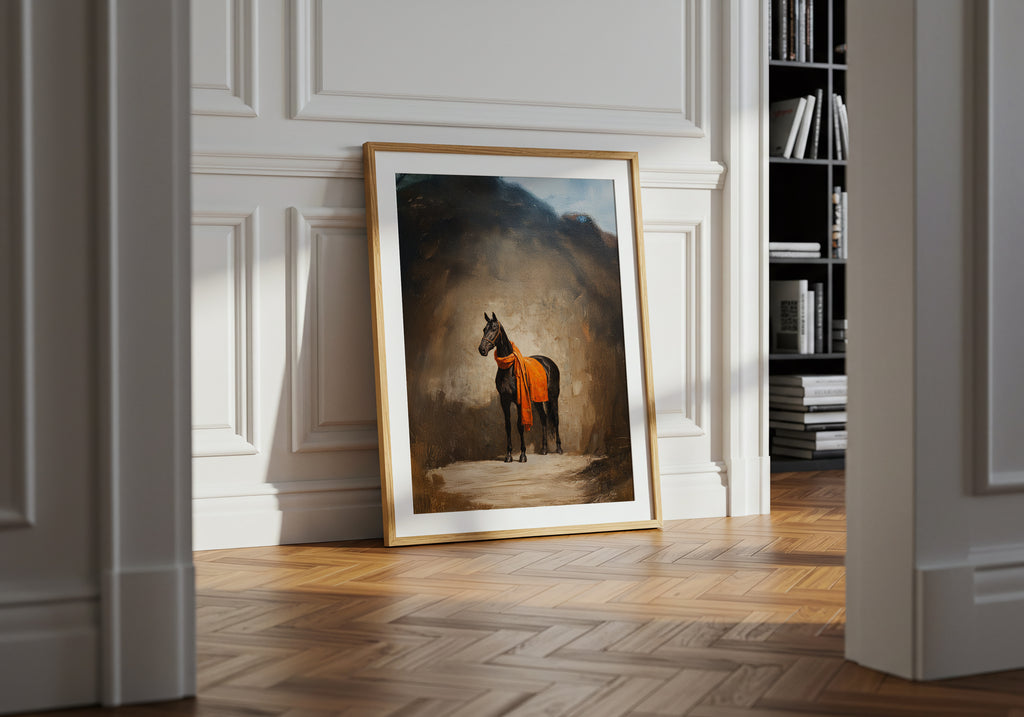Framed artwork of a horse on a wall in a room with wooden floor and bookshelf.
