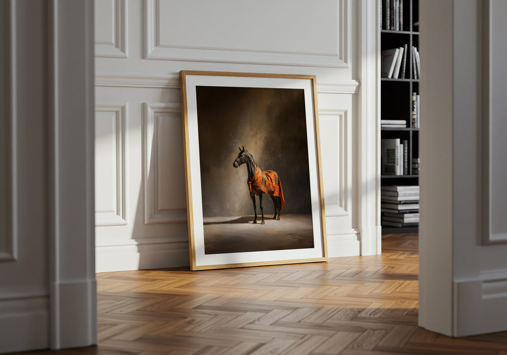 Framed artwork of a horse on a wall in a room with wooden flooring and a bookshelf.