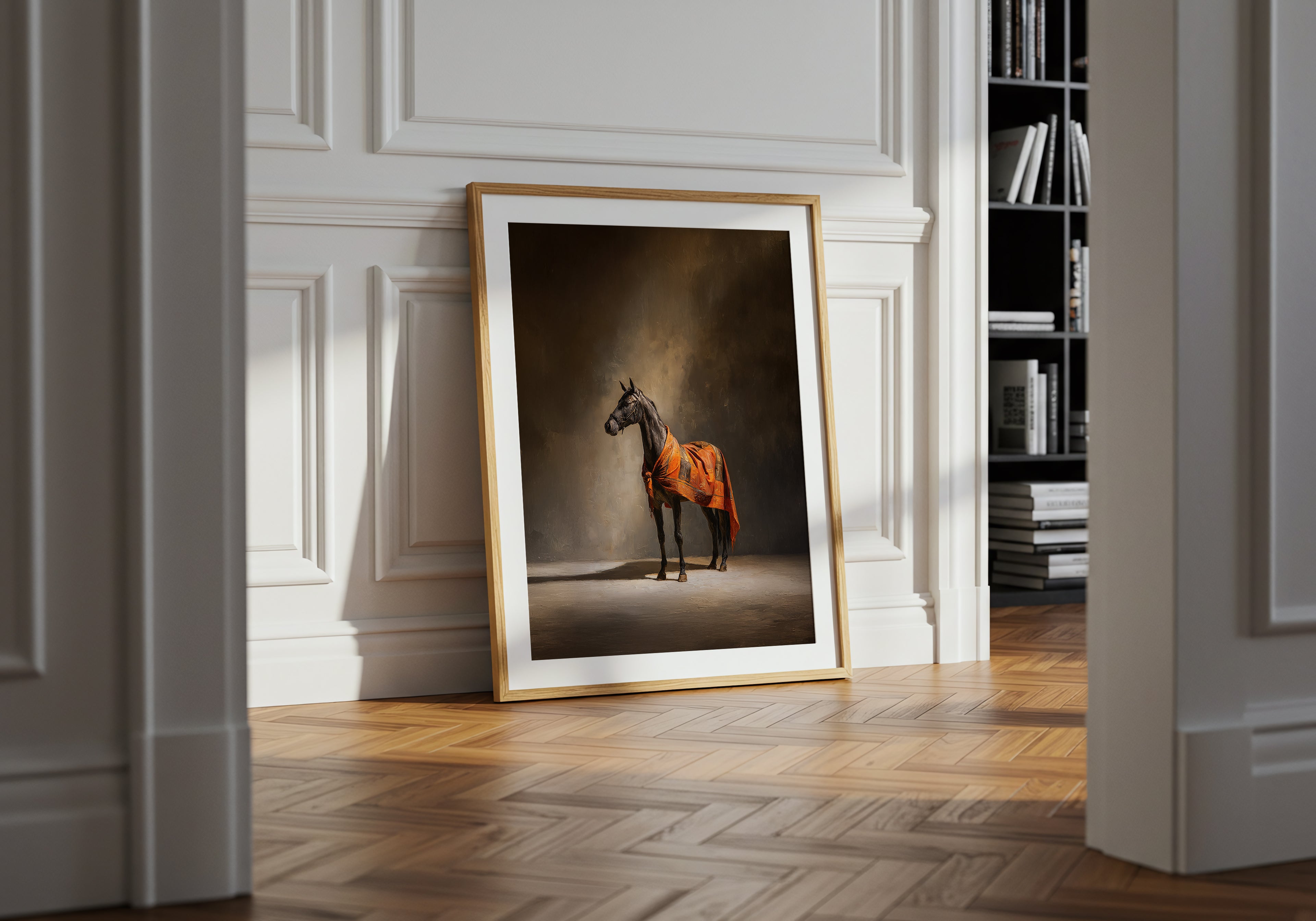 Framed artwork of a horse on a wall in a room with wooden flooring and a bookshelf.