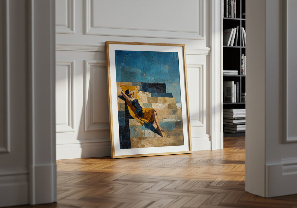 Framed abstract painting on a wall in a room with wooden floor and bookshelf.