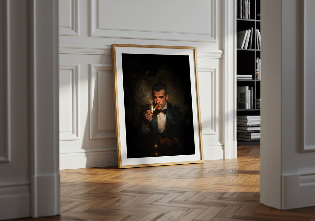 Framed portrait of a man smoking a cigarette in a room with white walls and a bookshelf.