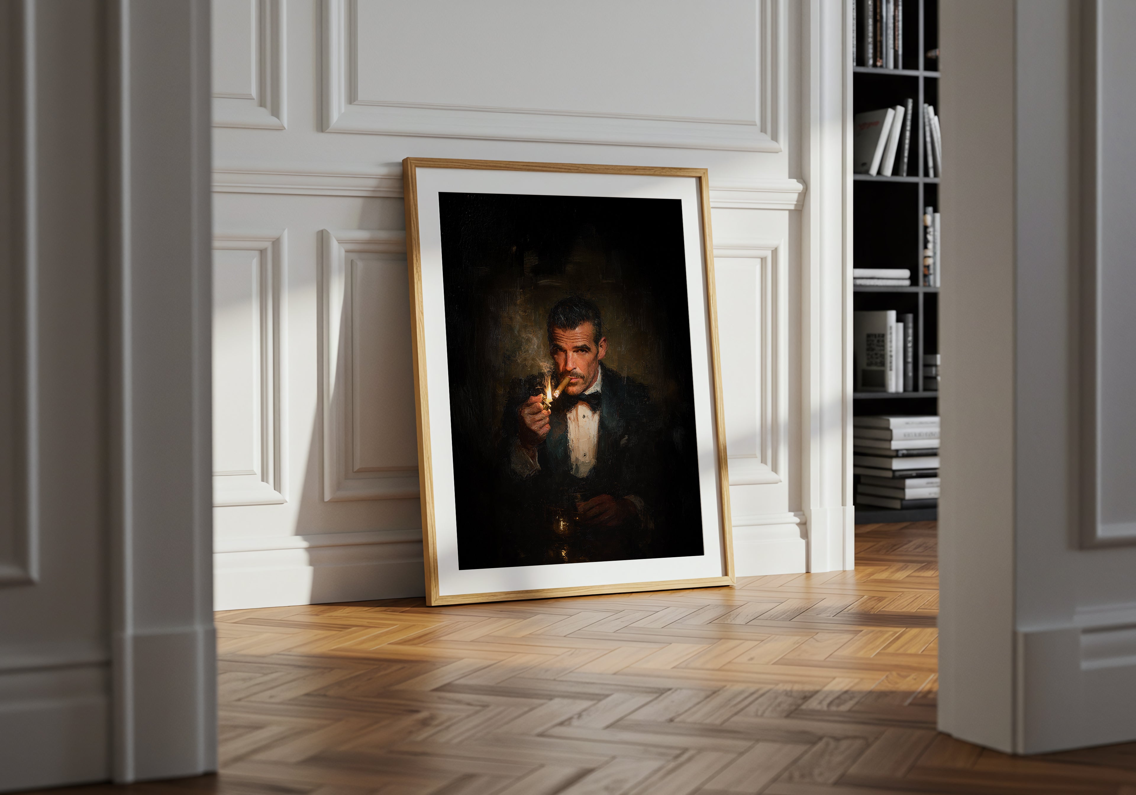 Framed portrait of a man smoking a cigarette in a room with white walls and a bookshelf.