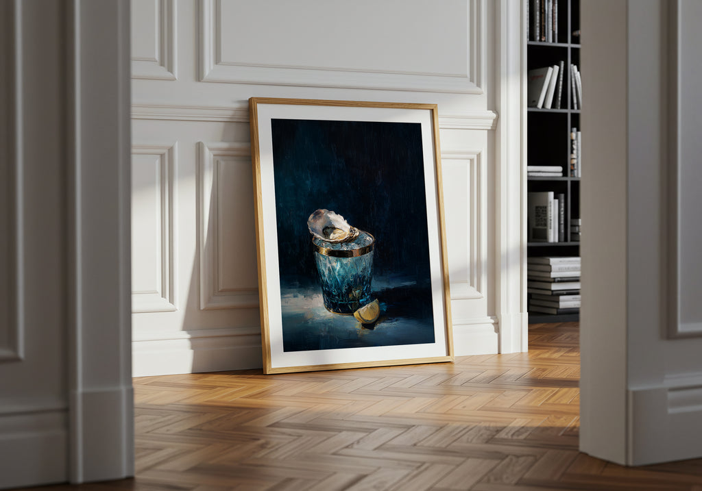 luxury still life oil painting of an oyster on ice in a blue cut glass vessel with lemon slice, dark moody background, elegant wall art
