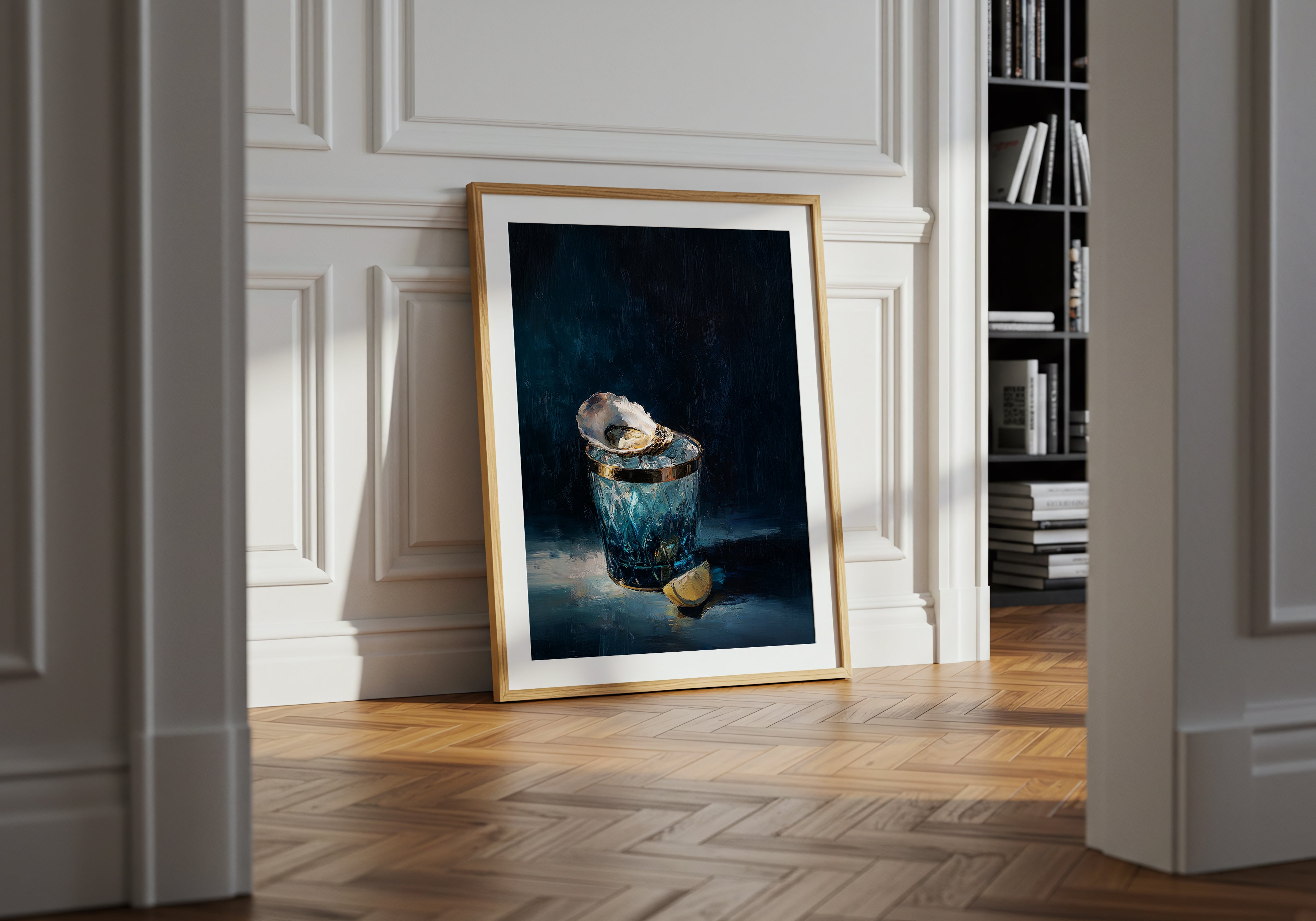 luxury still life oil painting of an oyster on ice in a blue cut glass vessel with lemon slice, dark moody background, elegant wall art
