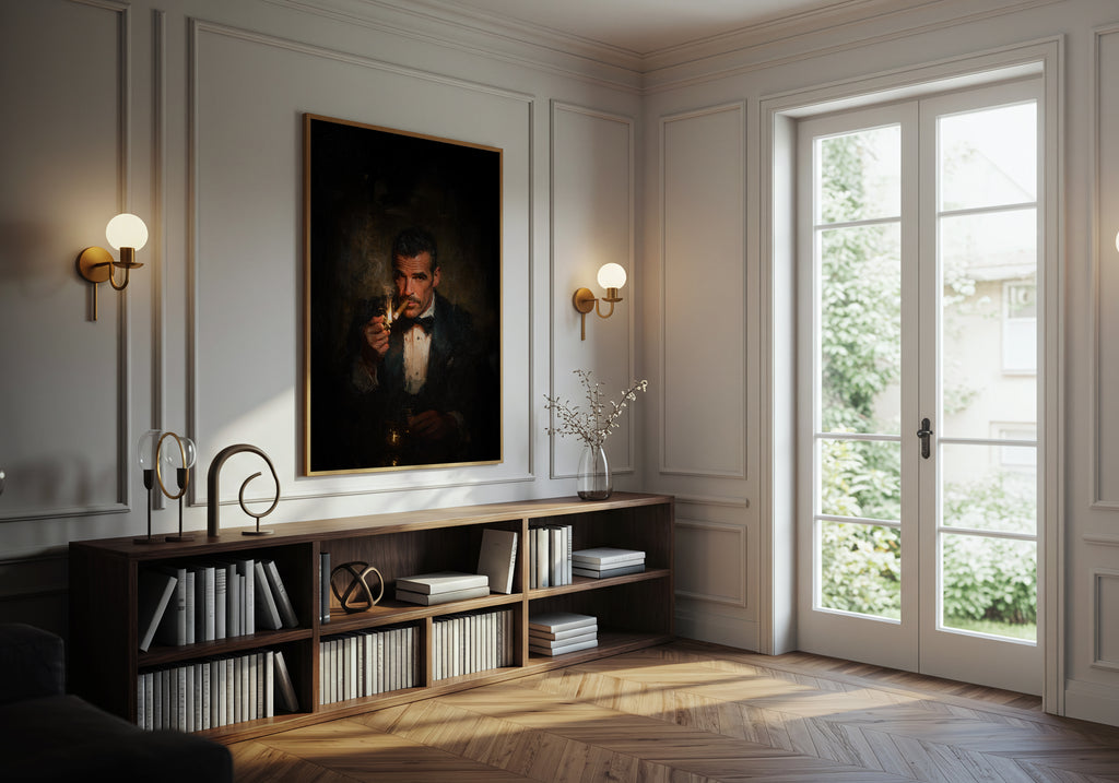 Living room with a portrait on the wall, bookshelf, and large window.