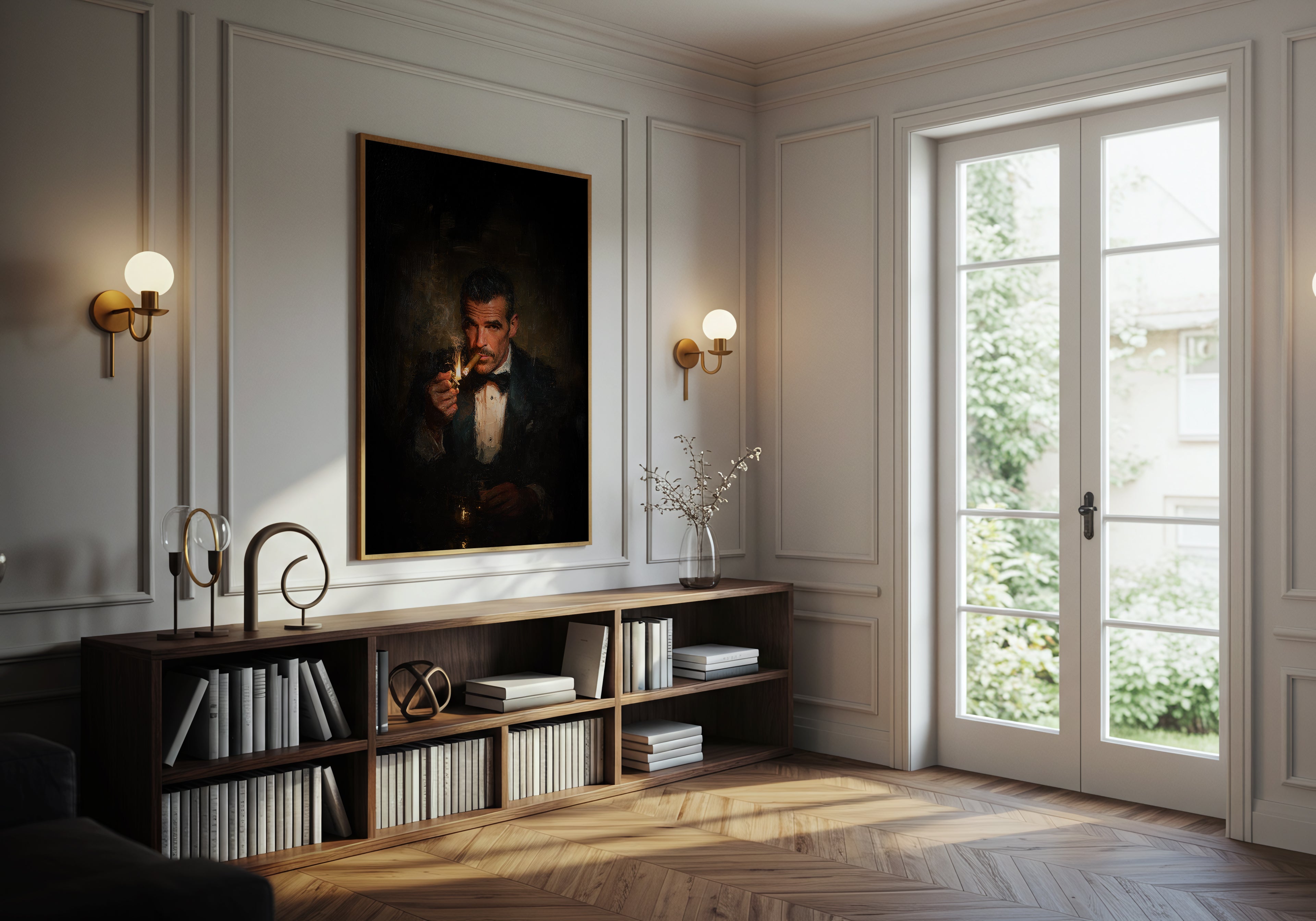 Living room with a portrait on the wall, bookshelf, and large window.