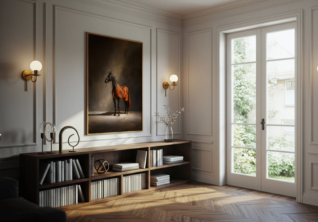 Living room with a bookshelf, framed horse portrait, and large window.