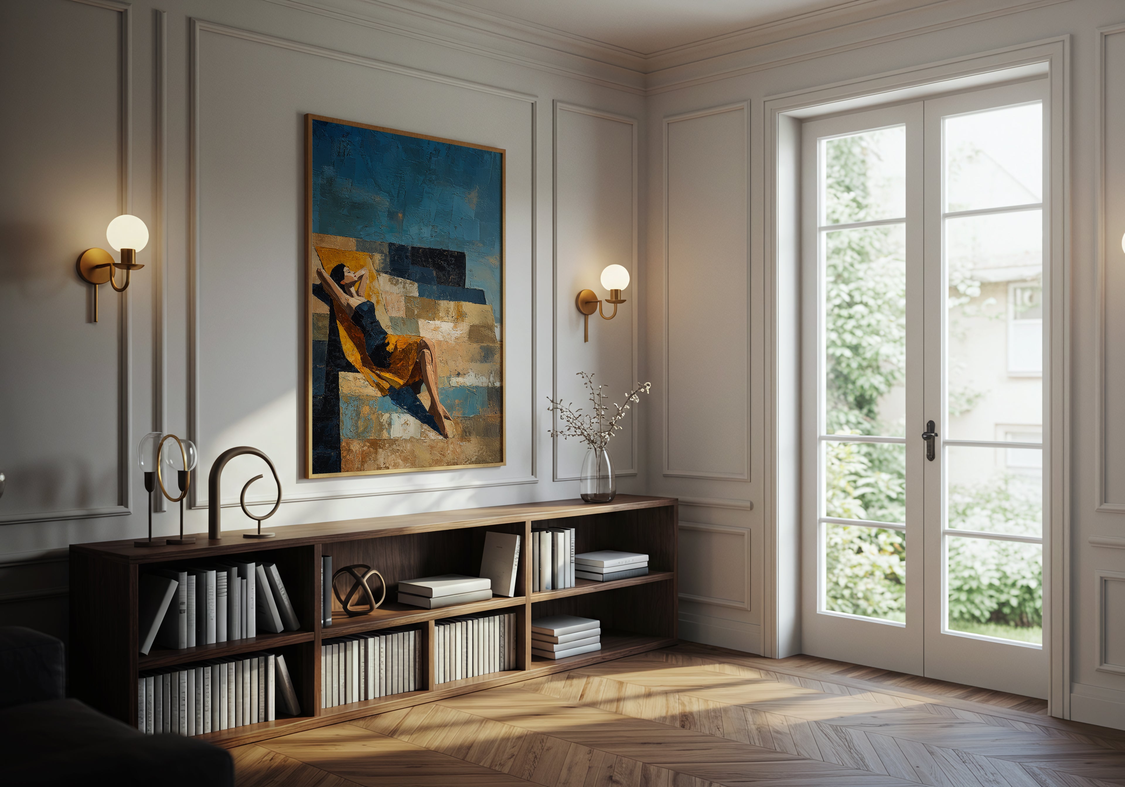 Modern living room with a bookshelf, abstract painting, and large window.