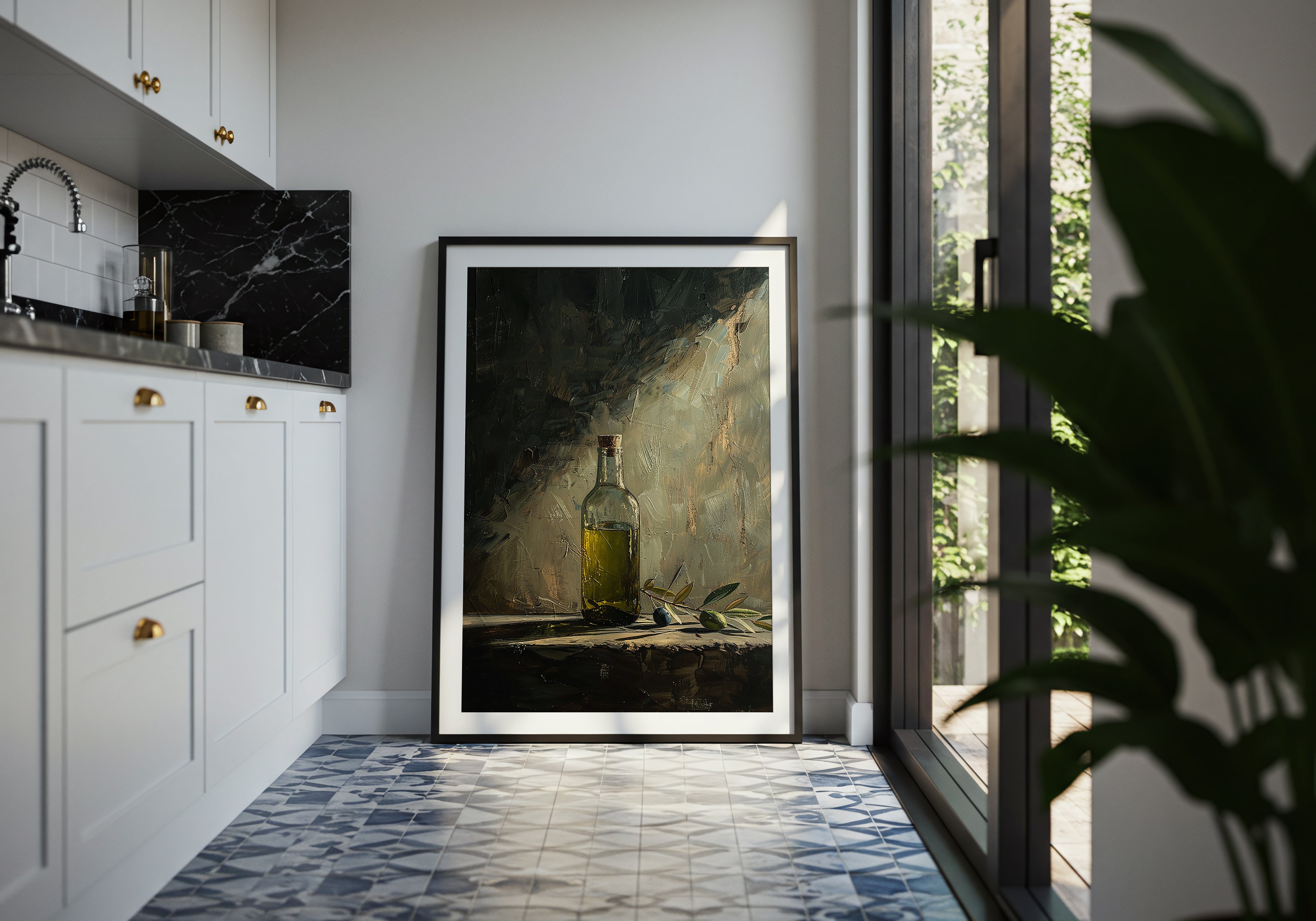 oil style still life painting of a bottle of olive oil with olives on a table, warm textured artwork in classical European style