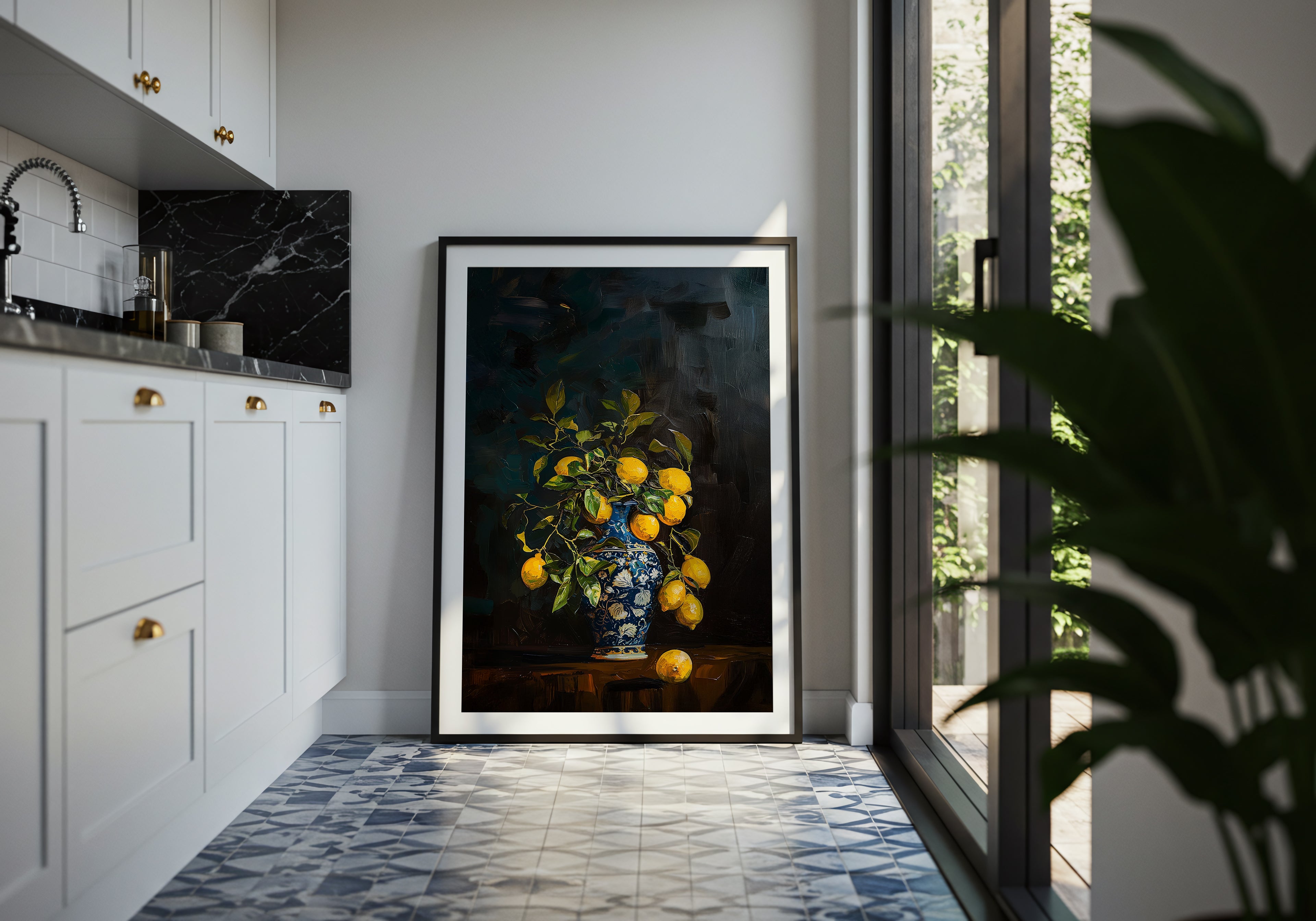 Framed artwork of a vase with yellow flowers in a modern kitchen.
