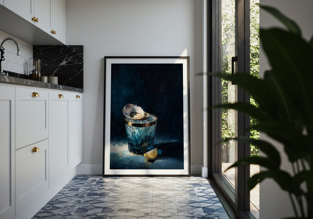 luxury still life oil painting of an oyster on ice in a blue cut glass vessel with lemon slice, dark moody background, elegant wall art

