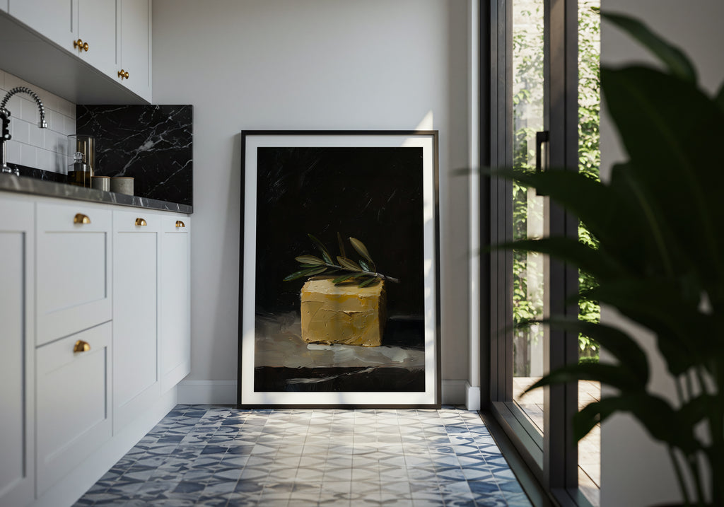 oil style still life painting of a butter block topped with an olive branch on a dark background, classical textured artwork with warm light