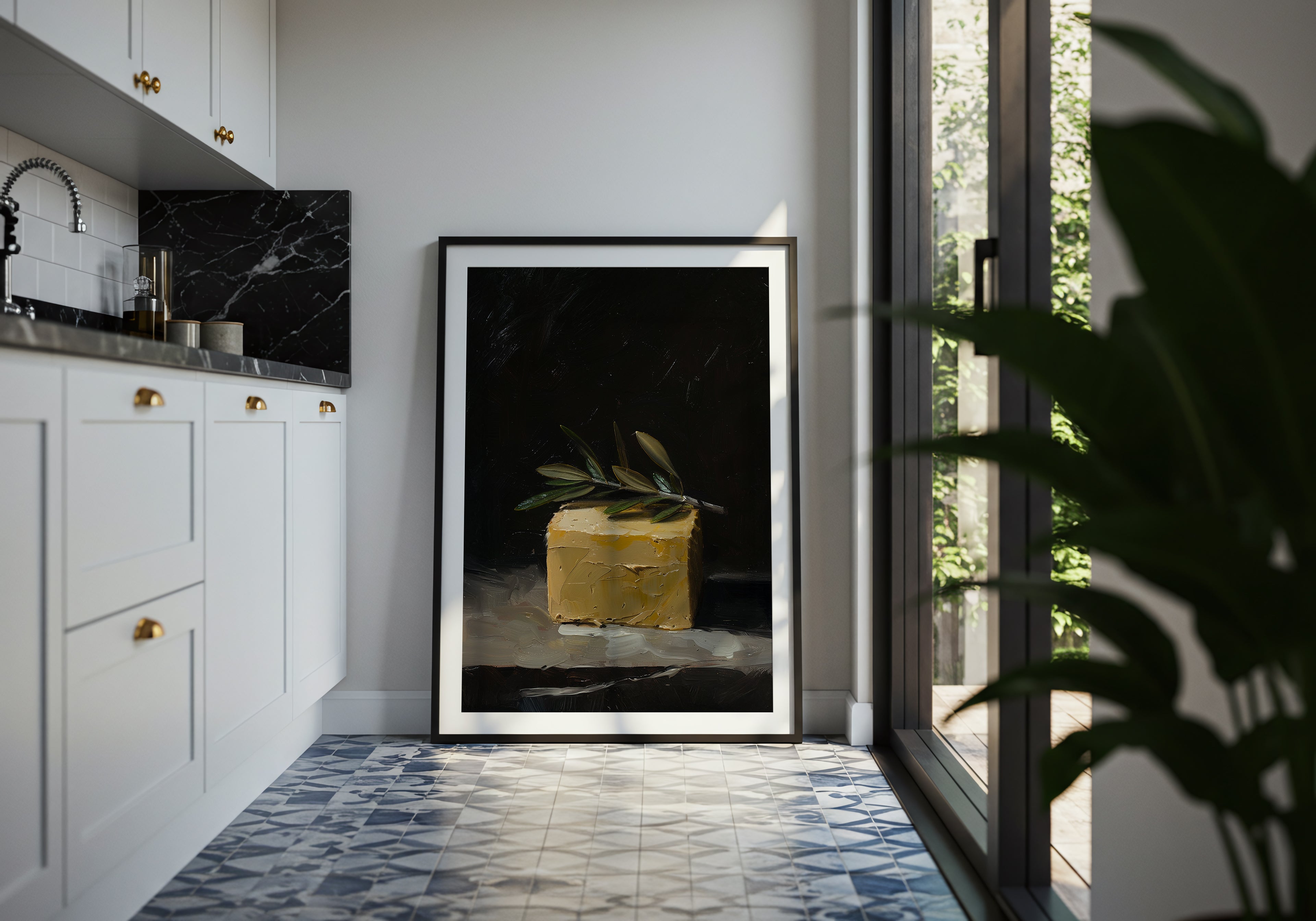 oil style still life painting of a butter block topped with an olive branch on a dark background, classical textured artwork with warm light