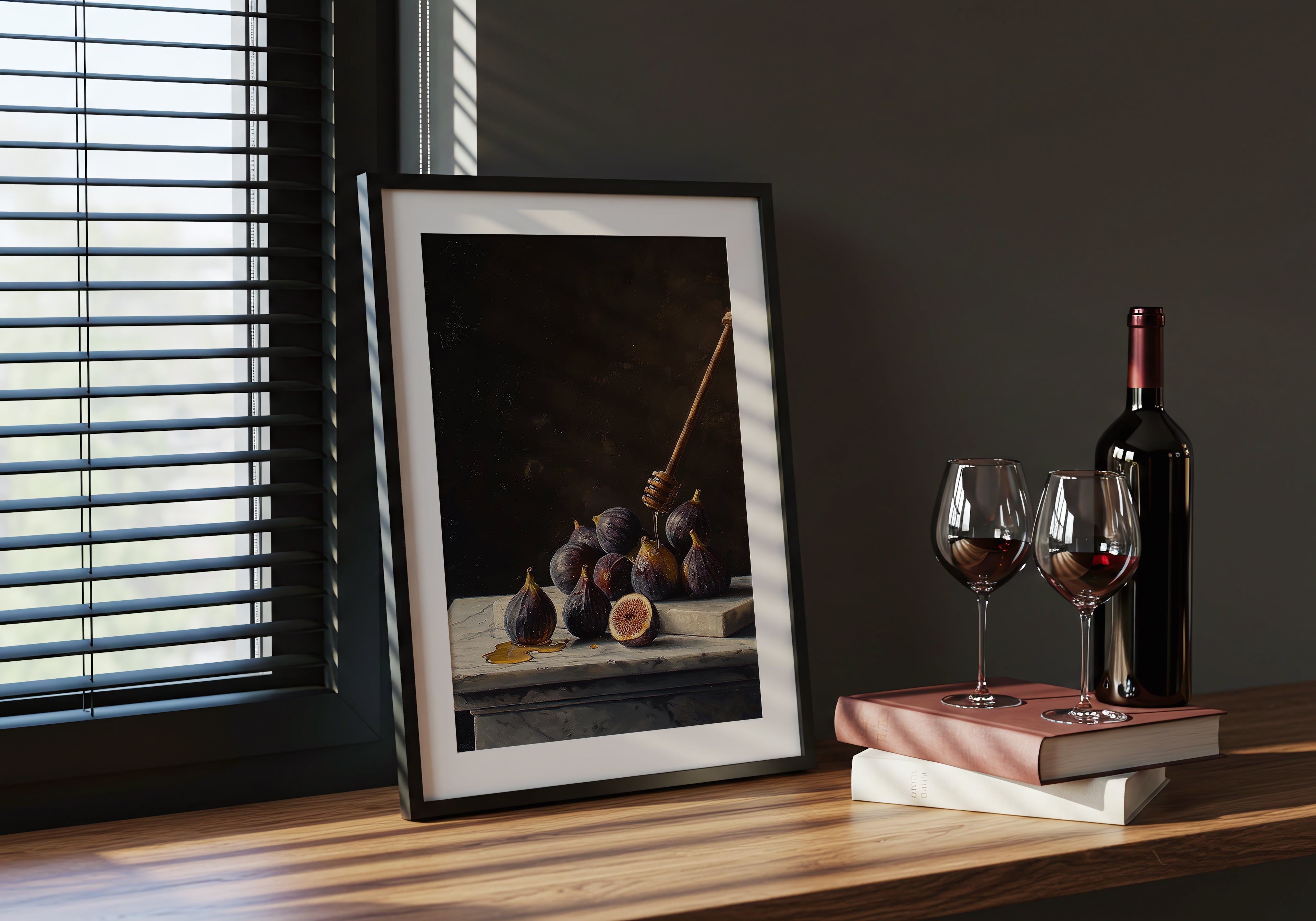 oil style still life painting of figs on marble with honey dripping from a wooden dipper, dark background and rich classical lighting