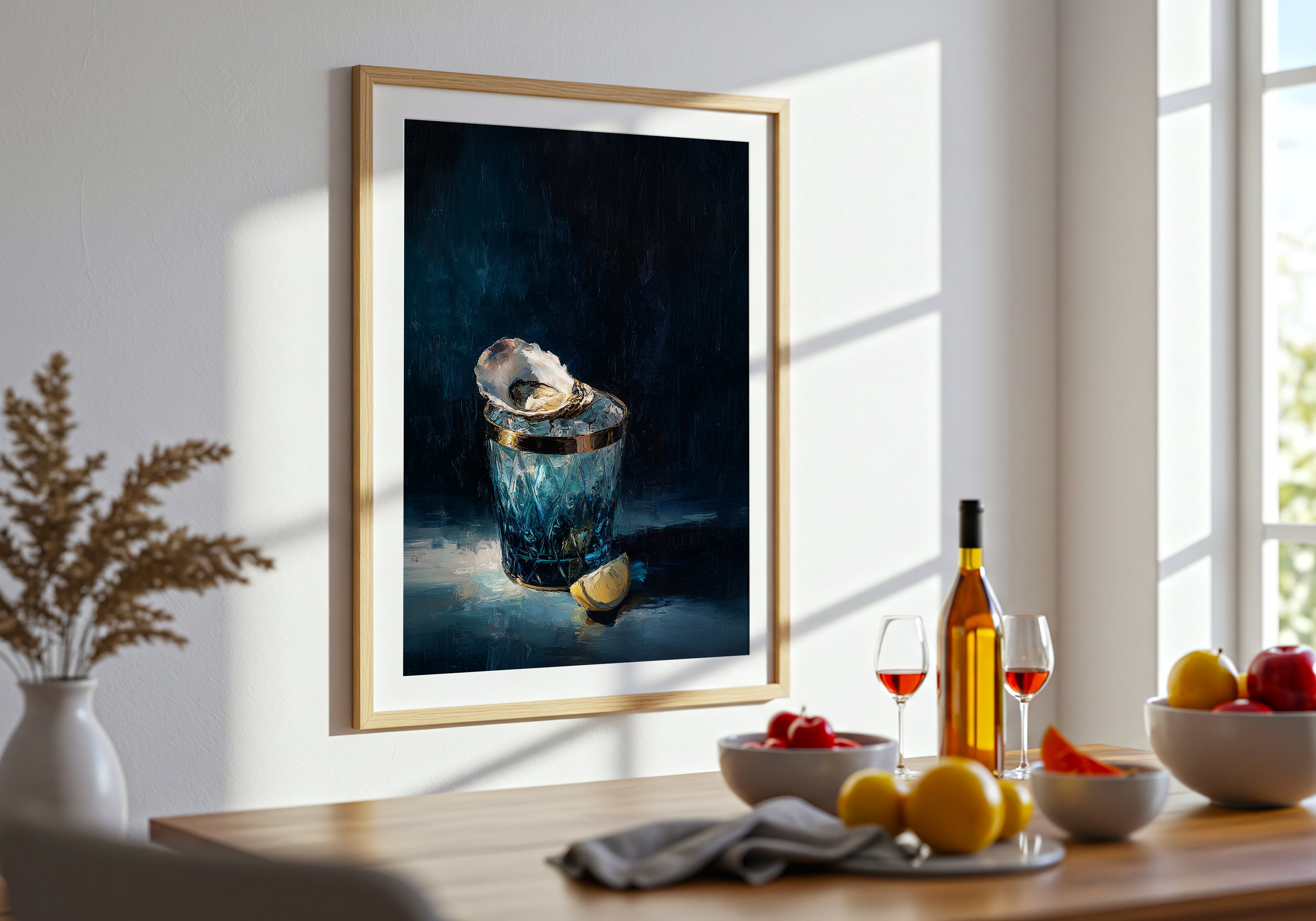 luxury still life oil painting of an oyster on ice in a blue cut glass vessel with lemon slice, dark moody background, elegant wall art
