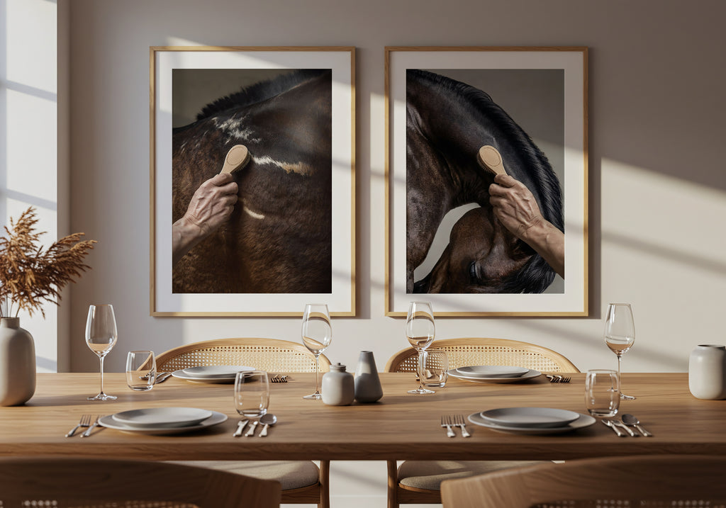 close up photograph of a horse’s crest being brushed by hand in soft studio lighting