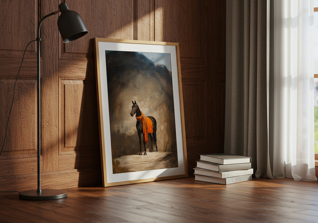 Framed artwork of a horse with an orange blanket on a wooden floor next to a lamp and books.