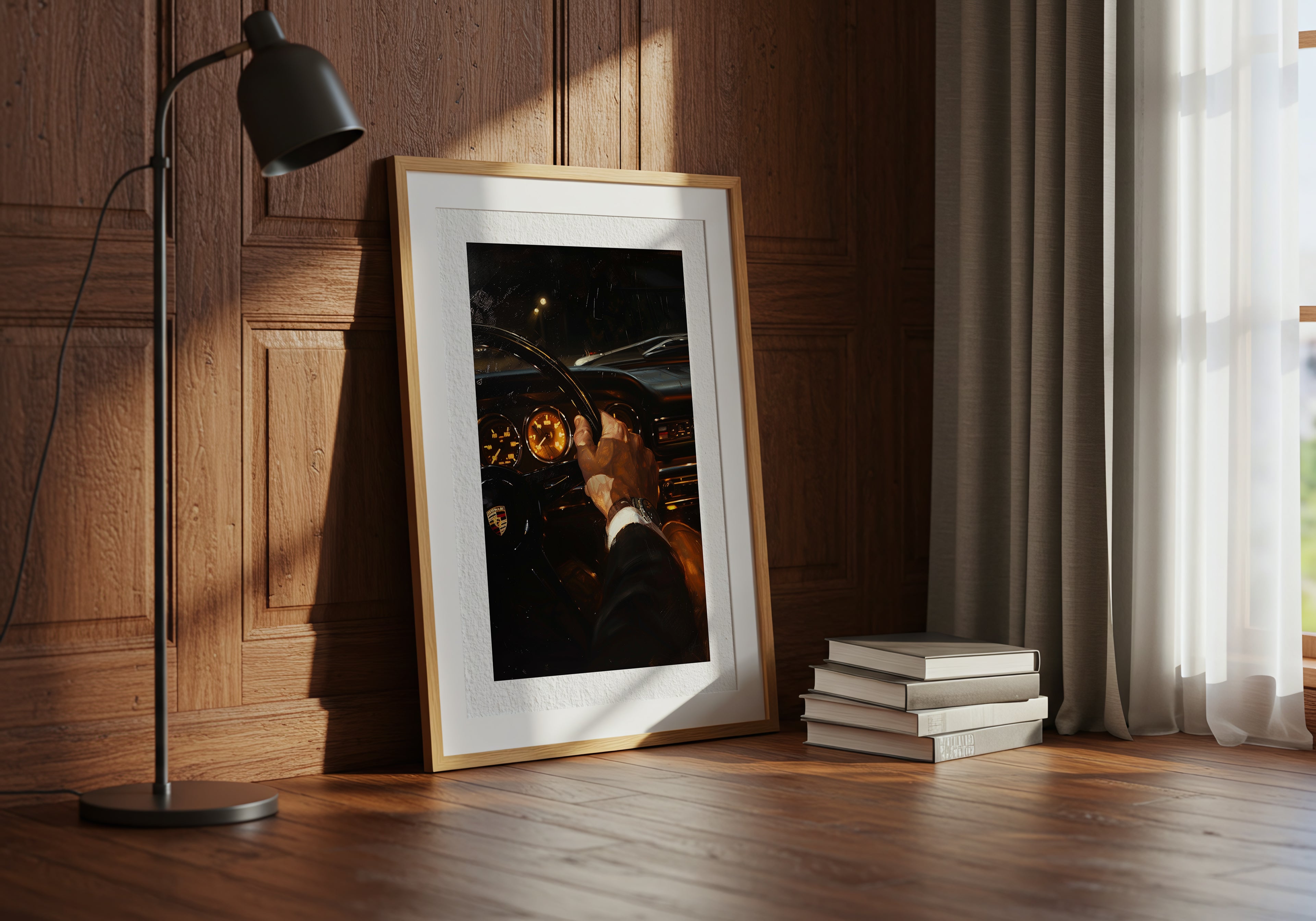 Framed photograph on a wooden floor with a lamp and books in the background