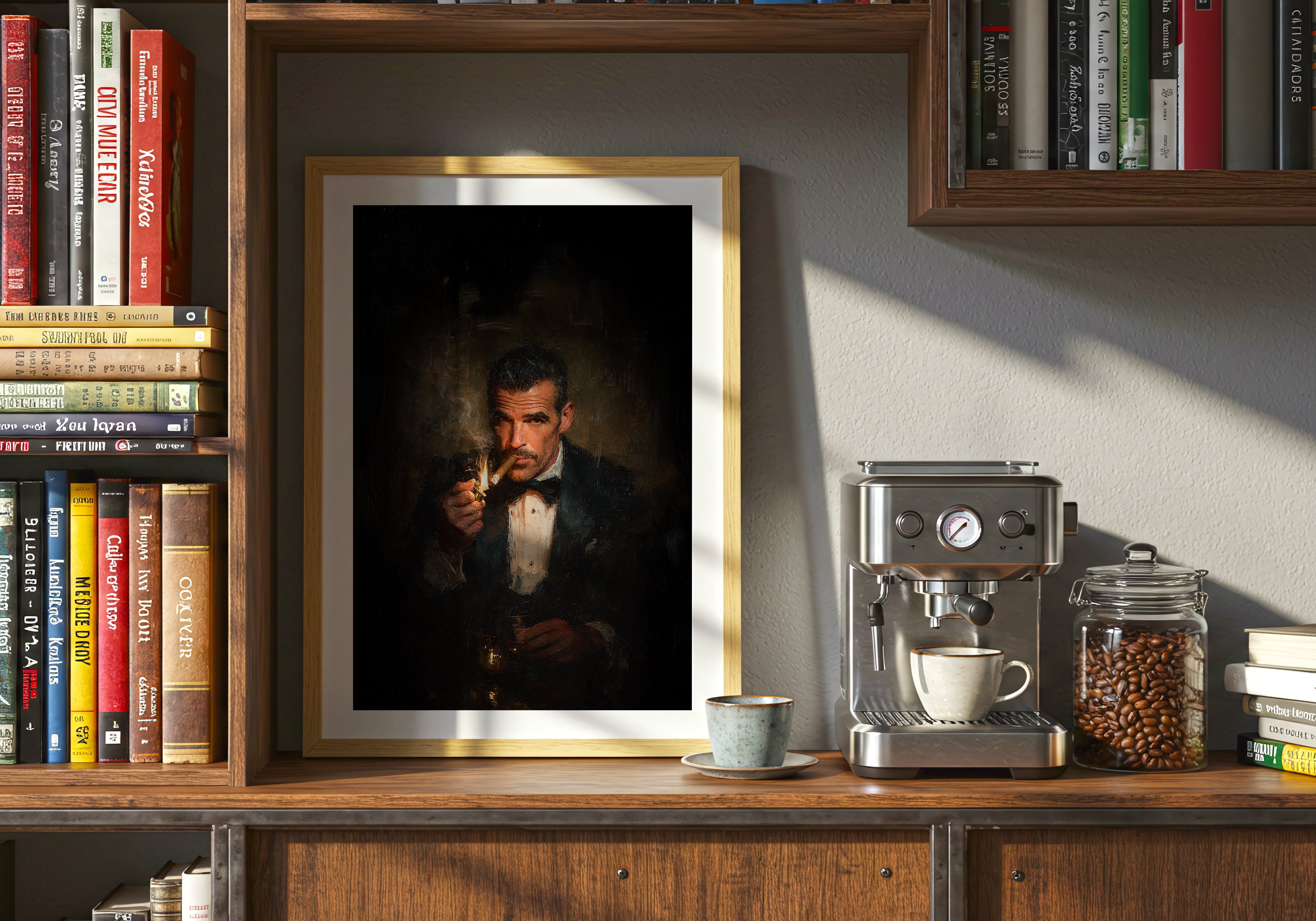 Framed portrait of a man smoking a cigar on a wooden shelf with books and coffee equipment.