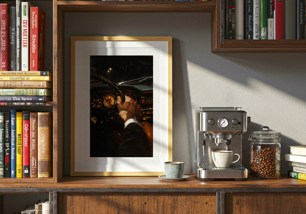 Framed photograph on a wooden shelf with books, coffee machine, and coffee beans.